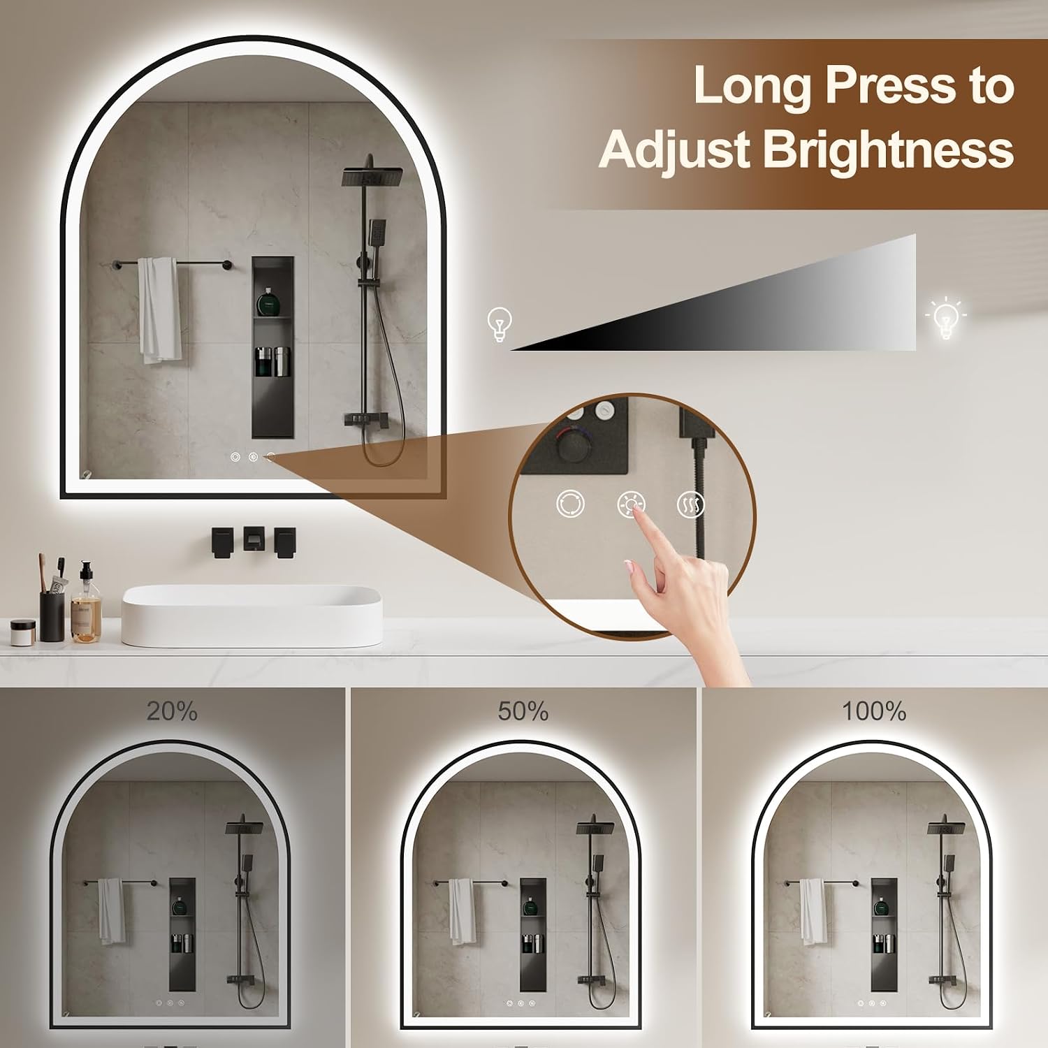 30.1'x36.1' Arched LED Mirror for Bathroom,Black Lighted Bathroom Mirror with Lights-Fogless, Dimmable, 3 Color Changing, Shatterproof, Touch Sensor