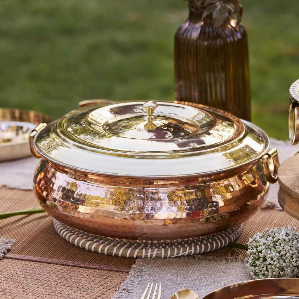 P•TAL Copper Hammered Lagaan 10L | Tin Coated with Brass Lid | 100% Pure Copper Degchi for Cooking Biryani Handi Ptal Brass Utensils for Kitchen