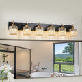 6-Light Crystal Bathroom Vanity Light, Modern Black Gold Bathroom Light Fixtures Over Mirror Crystal Wall Lighting with Polished Gold Finish