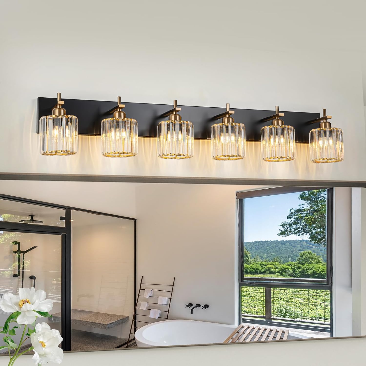 6-Light Crystal Bathroom Vanity Light, Modern Black Gold Bathroom Light Fixtures Over Mirror Crystal Wall Lighting with Polished Gold Finish