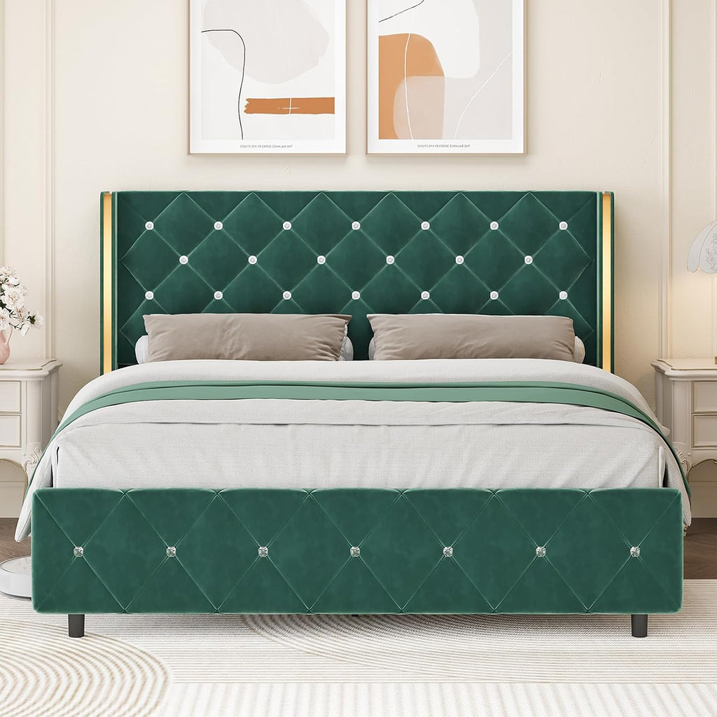 HOMBCK Full Bed Frame with Headboard, Velvet Upholstered Bed with Diamond Tufted Design, Mordern Bed Frame with Wingback and Wooden Slats Suppor, No Box Spring Required, Easy Assembly, Green