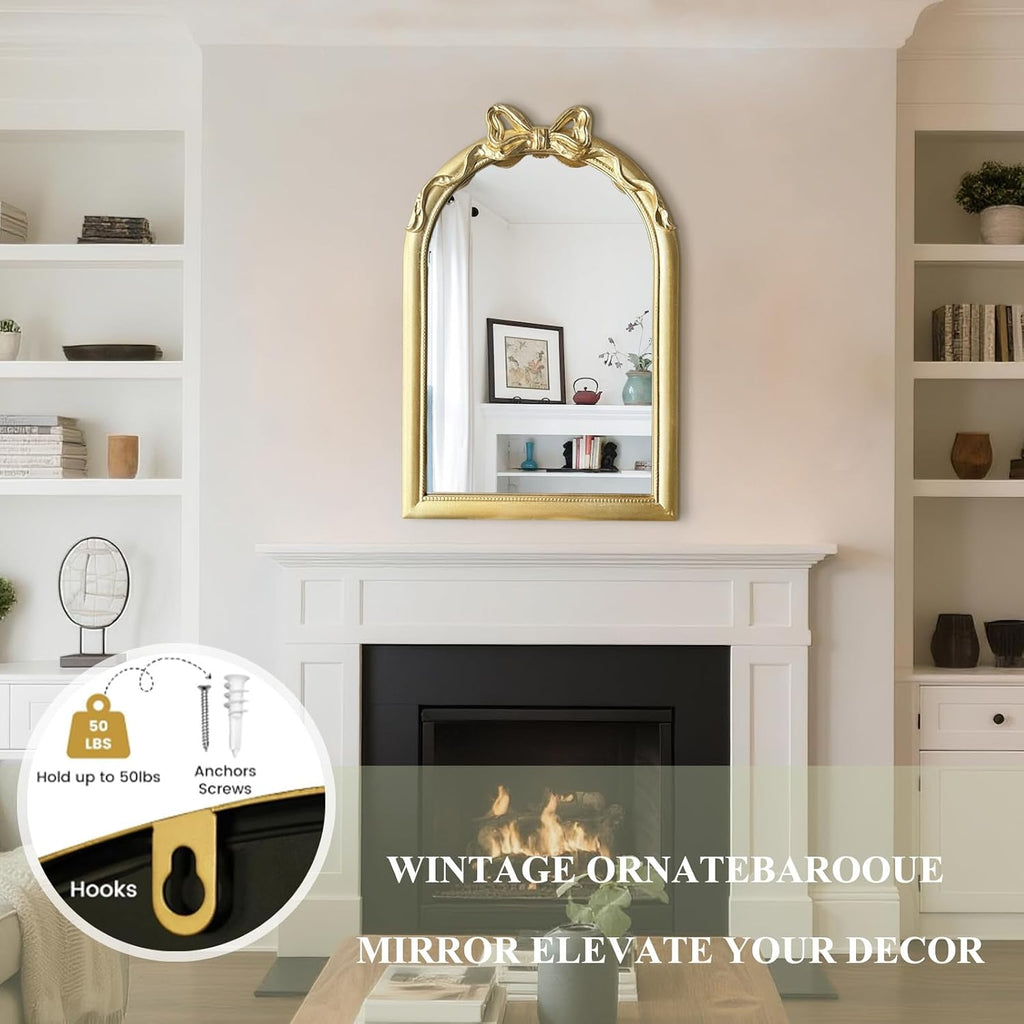 36x24 Arched Gold Bow Wall Mirror, Vintage Vanity Mirror for Bathroom & Bedroom Decor, Antique French Style Engineered Wood Frame with Ribbon Knot, Cute Coquette Aesthetic