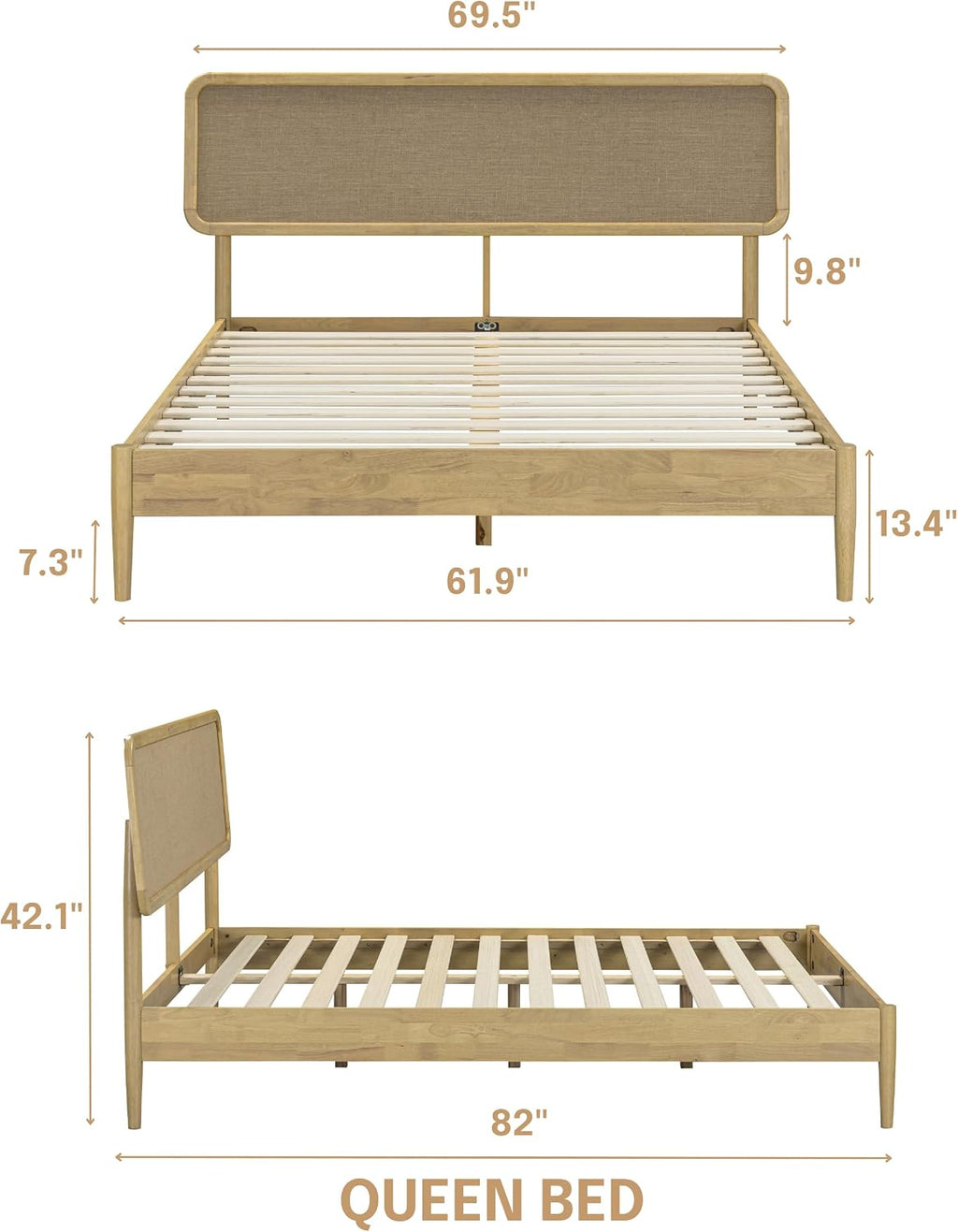 NTC Lupin Wooden Bed Frame with Headboard, Solid Oak and Rubber Wood Foundation with Silent Slats and Wood Central Supports, 1000 Lb Capacity, Queen - Sand