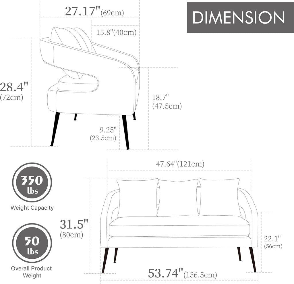 53.7' Modern Velvet Loveseat Sofa with 3 Pillow,Small Comfortable 2 Seat Sofa with Metal Legs, Small Couch for Living Room,Bedroom,Office,Reception,Charcoal