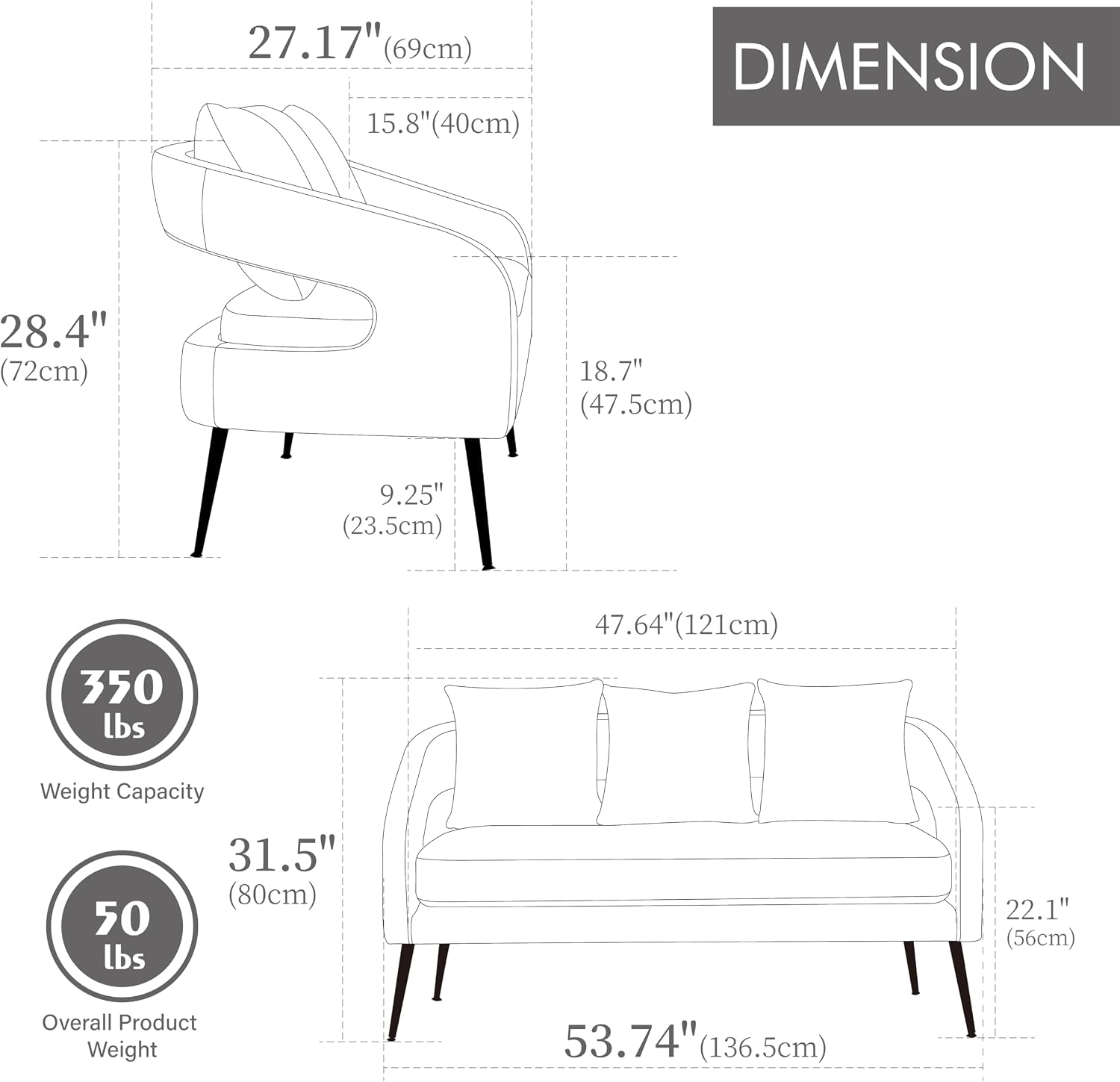 53.7' Modern Velvet Loveseat Sofa with 3 Pillow,Small Comfortable 2 Seat Sofa with Metal Legs, Small Couch for Living Room,Bedroom,Office,Reception,Charcoal