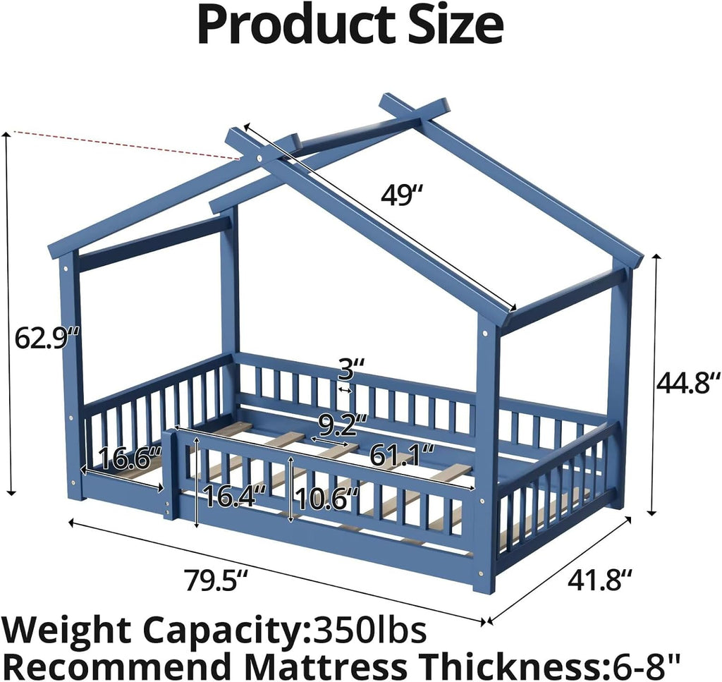 LLS Twin House Floor Bed Frame with Fence, Wooden Montessori Bed with Slats Support for Boys Girls, Mist Blue