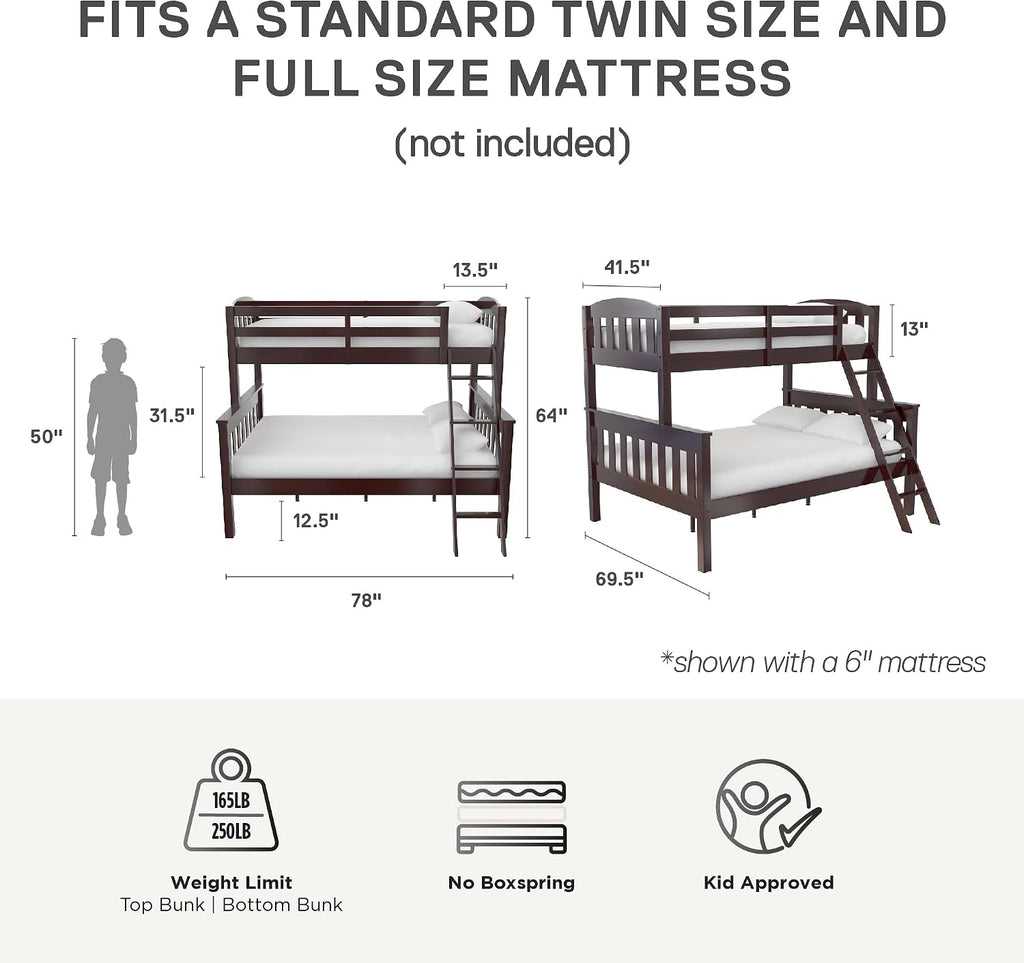 DHP Airlie Convertible Wood Bunk Bed Twin Over Full Size, Stackable and Detachable Bed Frames for Kids, Teens, Angled Ladder, High Guardrail, Wood Slats, No Boxspring Required, Espresso