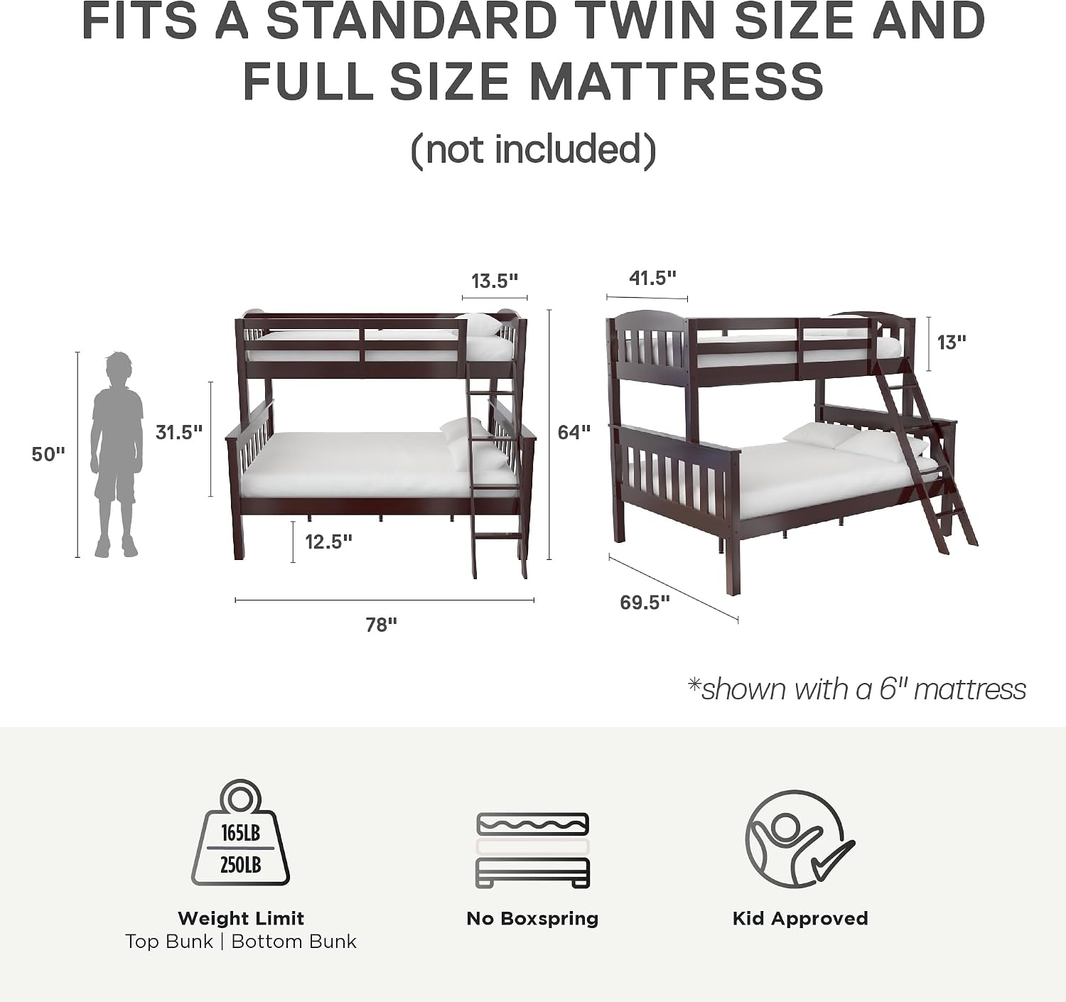 DHP Airlie Convertible Wood Bunk Bed Twin Over Full Size, Stackable and Detachable Bed Frames for Kids, Teens, Angled Ladder, High Guardrail, Wood Slats, No Boxspring Required, Espresso