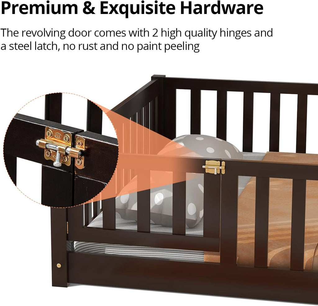 i-POOK Twin Size Wood Montessori Bed Frame with Wood Slats, Fence & Door for Children Girls and Boys, Espresso (with Bed Slats)