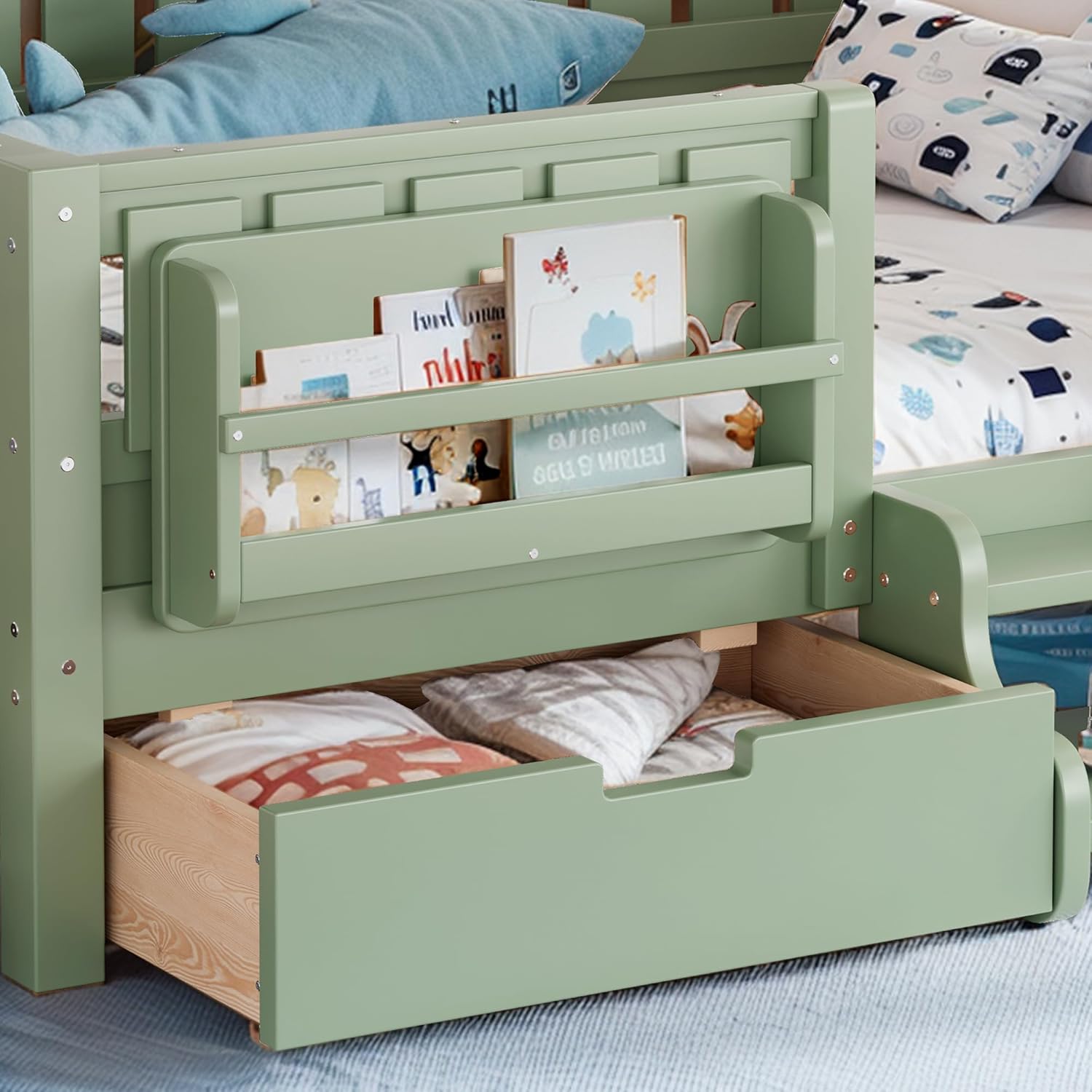Bellemave Full Size Montessori Bed with Stairs, Rails and Slats, Full Size Montessori Floor Bed with Bookshelf and 2 Storage Drawers, Easy Assemble Beds Frame for Girls, Boys, Avocado Green