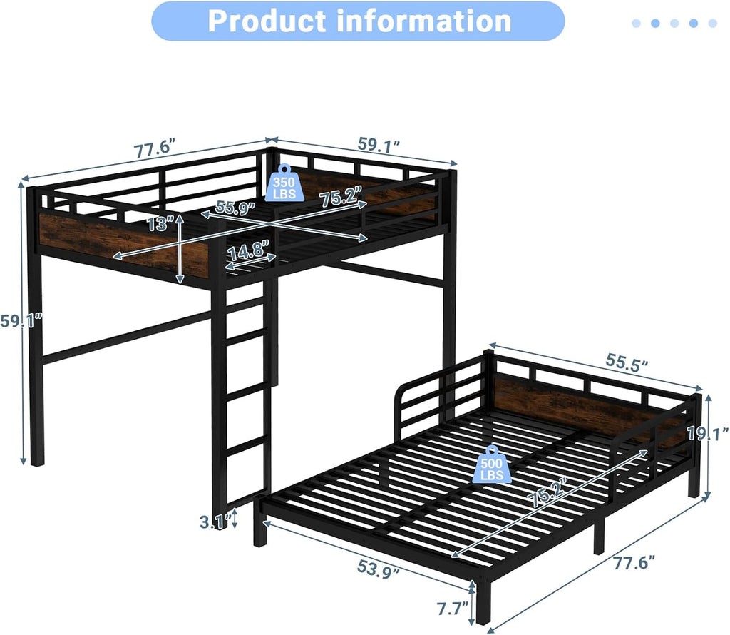 Full Over Full Bunk Bed, Convertible Metal Bunk Beds Can Separate into Loft Bed and Platform Bed, Heavy Duty Noise-Free Bed Frame with Safety Rails for Adults Teens Kids, Black