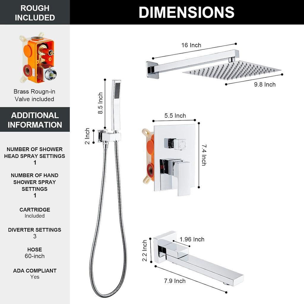 AVSIILE Shower Faucet Set with Tub Spout, Chrome Rain Shower Mixer Valve and Trim Kit System with Base Complete, Rainfall Modern Shower Head and Handheld Handle Set Combo for Bathroom, 10 Inch