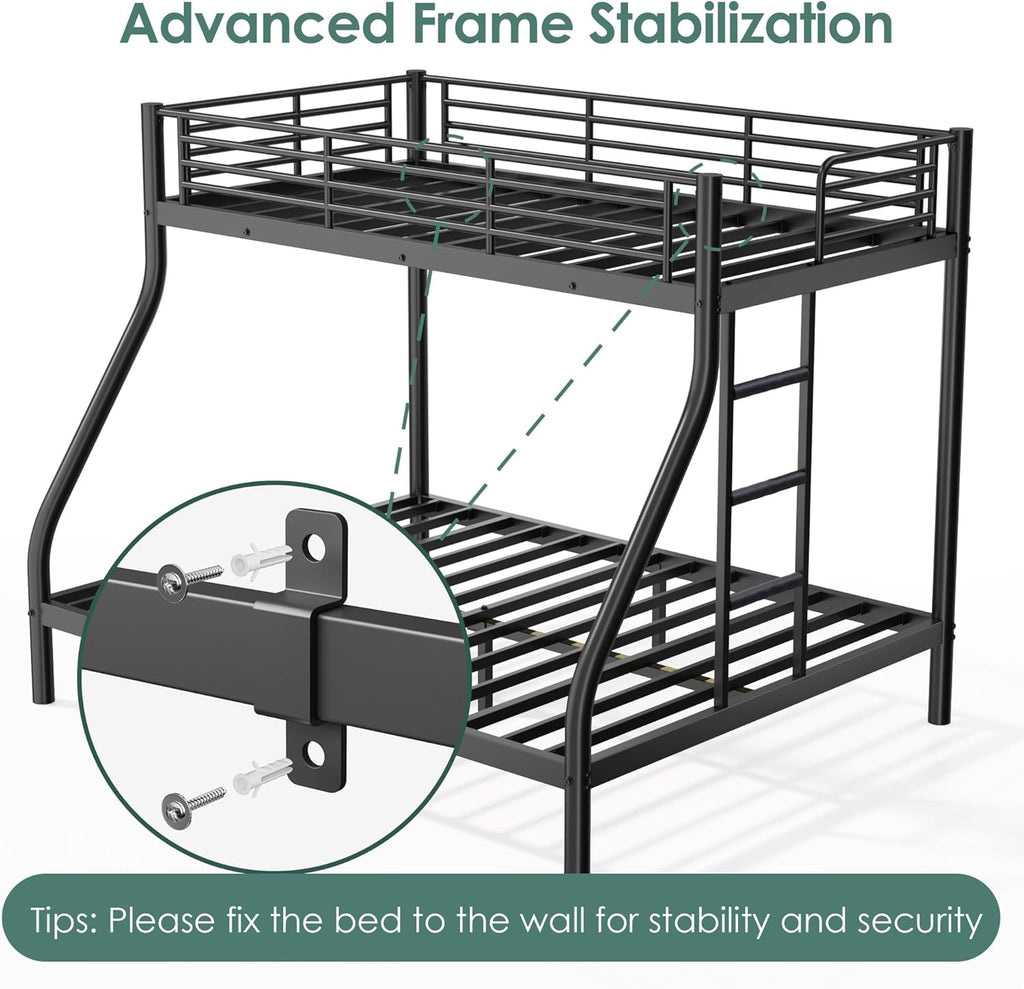 Bunk Beds Twin XL Over Queen, Heavy Duty Bunk Beds with Bottom Space & Guardrail Metal Bunk Bed Frame for Adults Teens Dorm Bedroom Guest Room, No Box Spring Needed（Black）