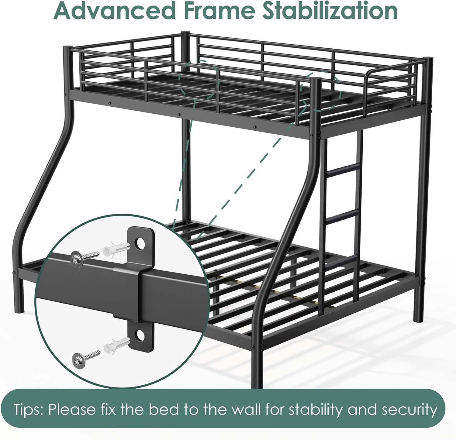 Bunk Beds Twin XL Over Queen, Heavy Duty Bunk Beds with Bottom Space & Guardrail Metal Bunk Bed Frame for Adults Teens Dorm Bedroom Guest Room, No Box Spring Needed（Black）