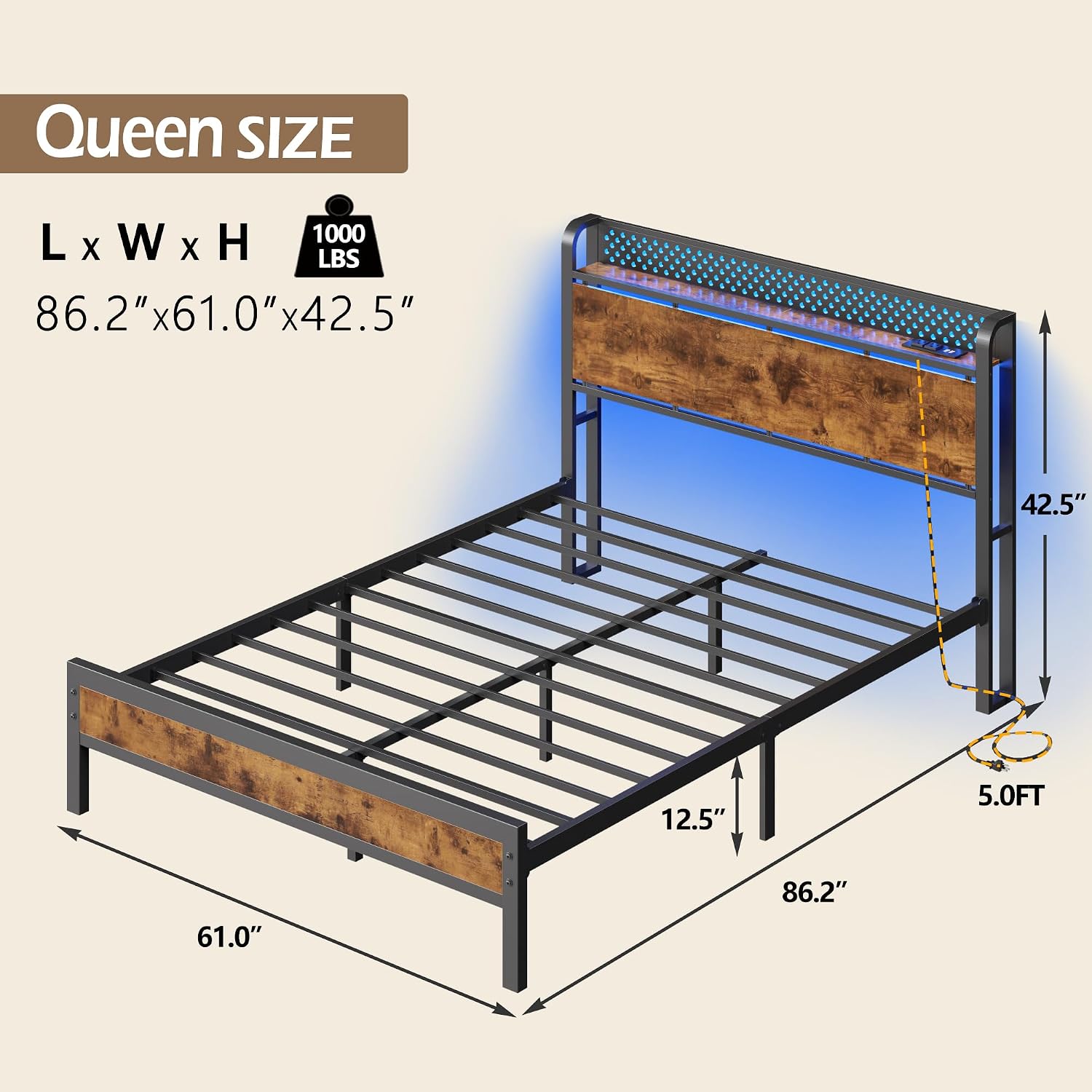 Furnulem Queen Bed Frame with Headboard Storage, Bed Frame Queen Size with Charging Station and LED Lights No Box Spring Needed,Heavy Duty Steel Slats,Noise Free