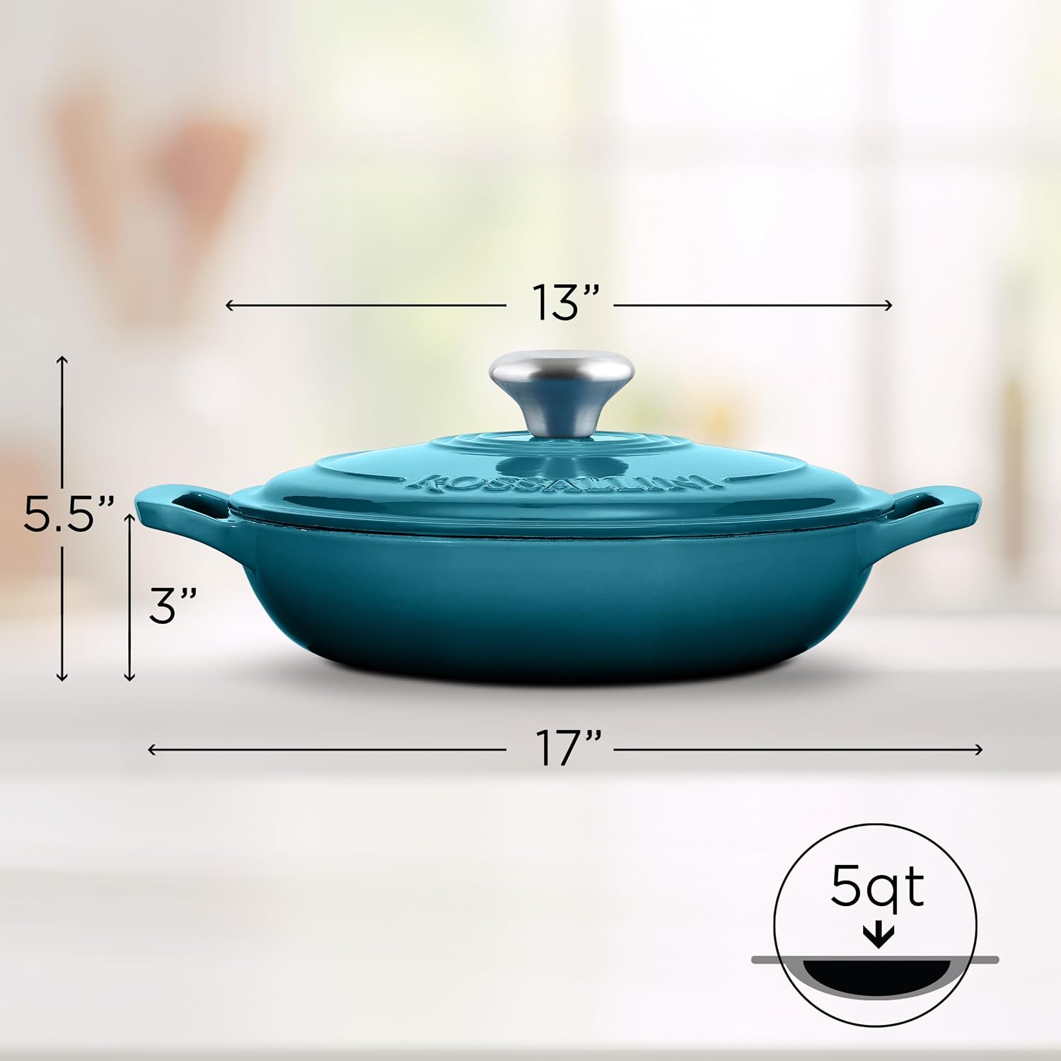 ROSSALLINI Signature Enameled Cast Iron Braiser, Non-Stick Serving Pot with Tight Fitting Lid for Perfect Roasting, Baking, Sauteing, Searing, and Pan Frying | 5Q (4.7L) - Ocean Blue