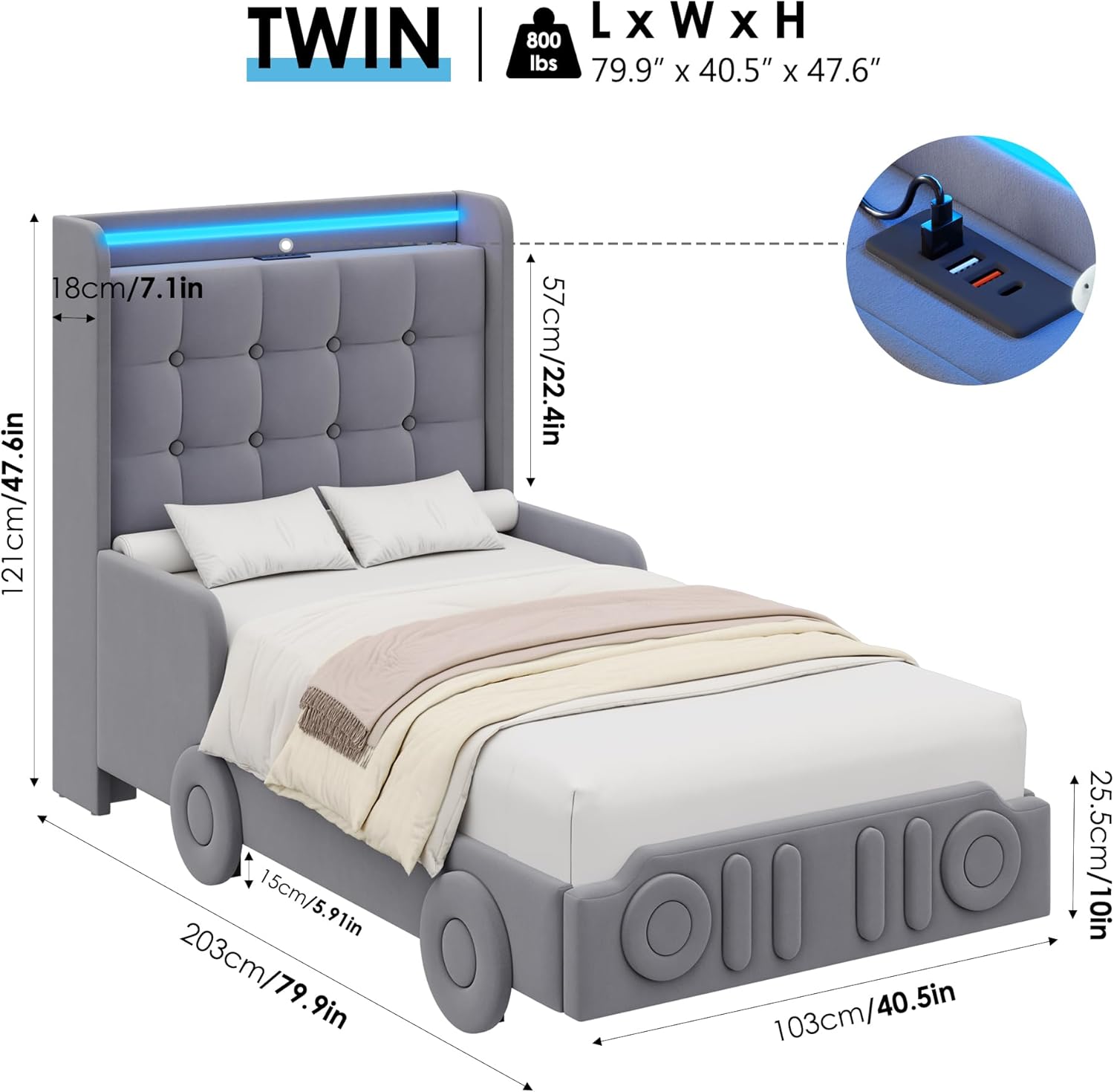 Keyluv Twin Car Bed Frame with LED Lights and Charging Station, Upholstered Platform Bed with Button Tufted Headboard and Wheels, No Box Spring Needed, Noise-Free, Easy Assembly, Velvet Grey