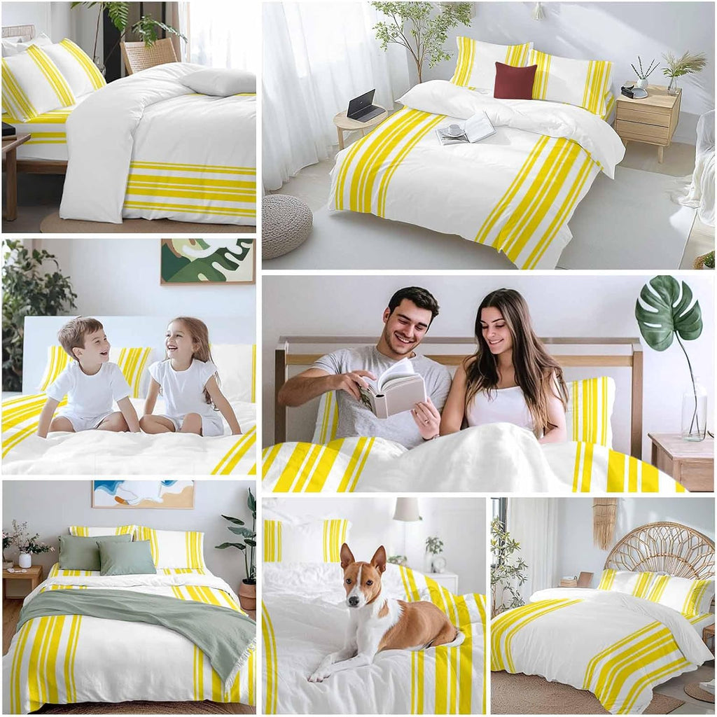 Yellow and White Striped Duvet Cover Set Queen Size 4 Pieces Modern Minimalist Vertical Lines Bedding Set with Zipper Closure, 1 Comforter Cover 92x106 Inches 1 Flat Sheet & 2 Pillow Cases