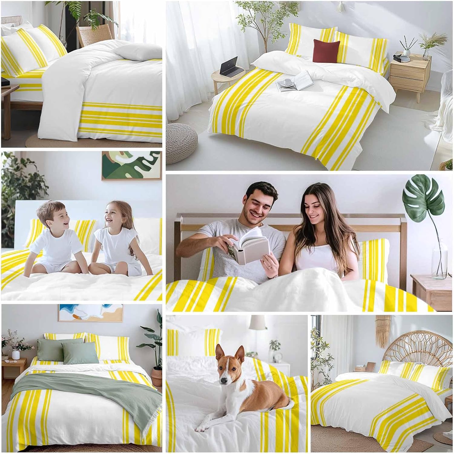 Yellow and White Striped Duvet Cover Set Queen Size 4 Pieces Modern Minimalist Vertical Lines Bedding Set with Zipper Closure, 1 Comforter Cover 90x92 Inches 1 Flat Sheet & 2 Pillow Cases