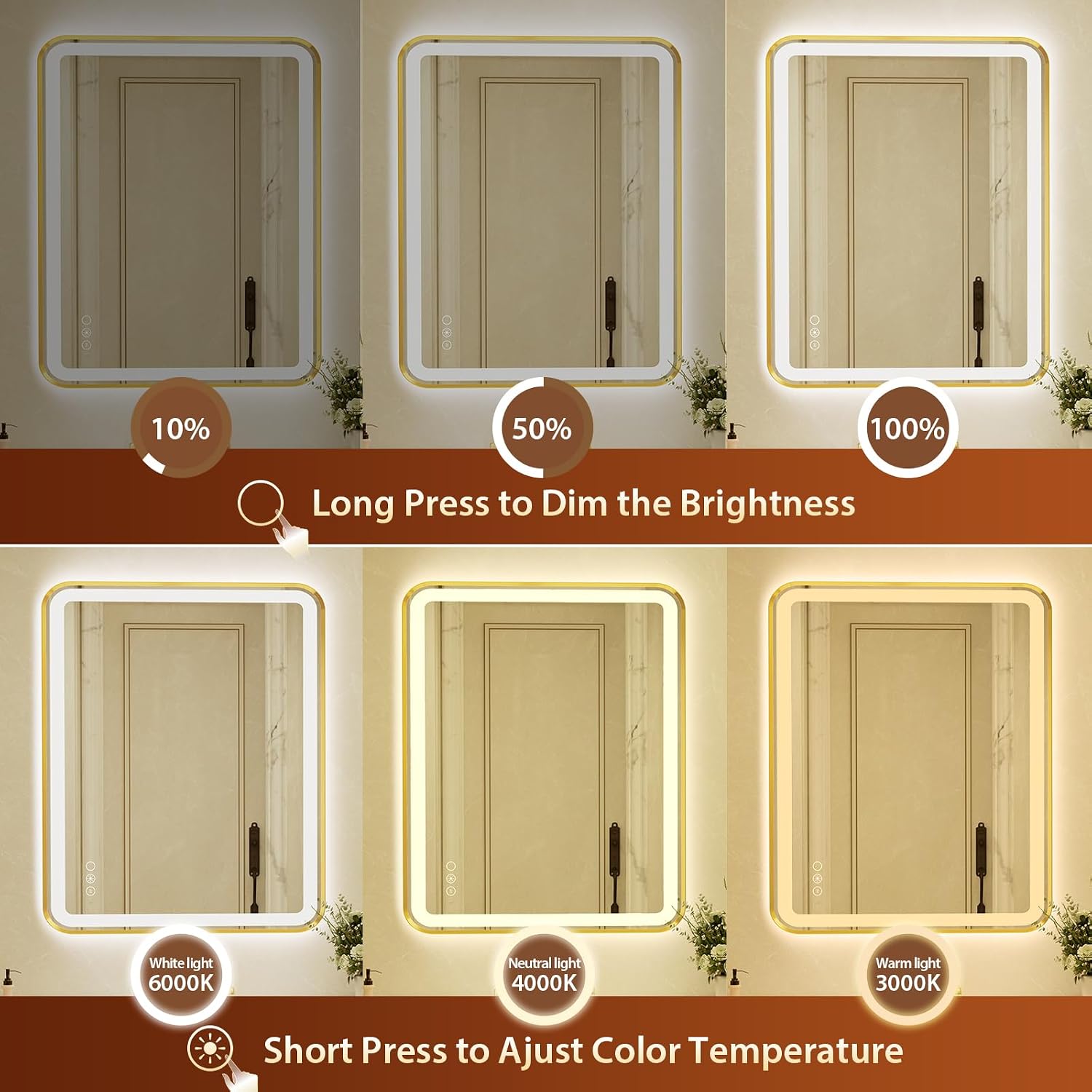 28x40 Inch LED Bathroom Mirror with Gold Frame,Front and Backlit Vanity Mirror,Tempered Glass,Stepless Dimmable Wall Mirrors with Anti-Fog, 3 Colors, Memory, Waterproof, LED Smart Bathroom Mirror