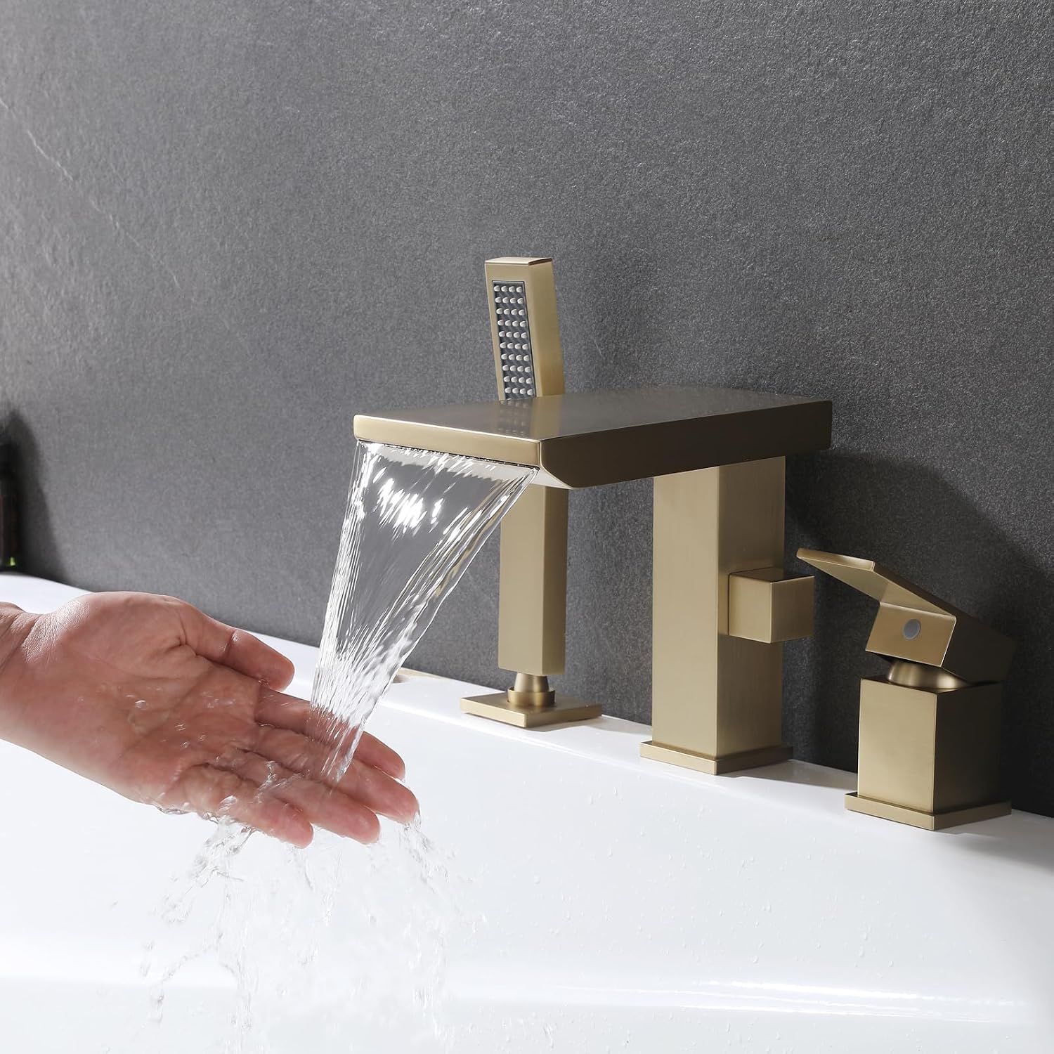 Waterfall Roman Tub Faucet with Hand Shower, Deck Mount Tub Filler Bathtub Faucet with Sprayer, Brass Widespread 3 Hole Bathtub Shower Faucet Set, Brushed Gold