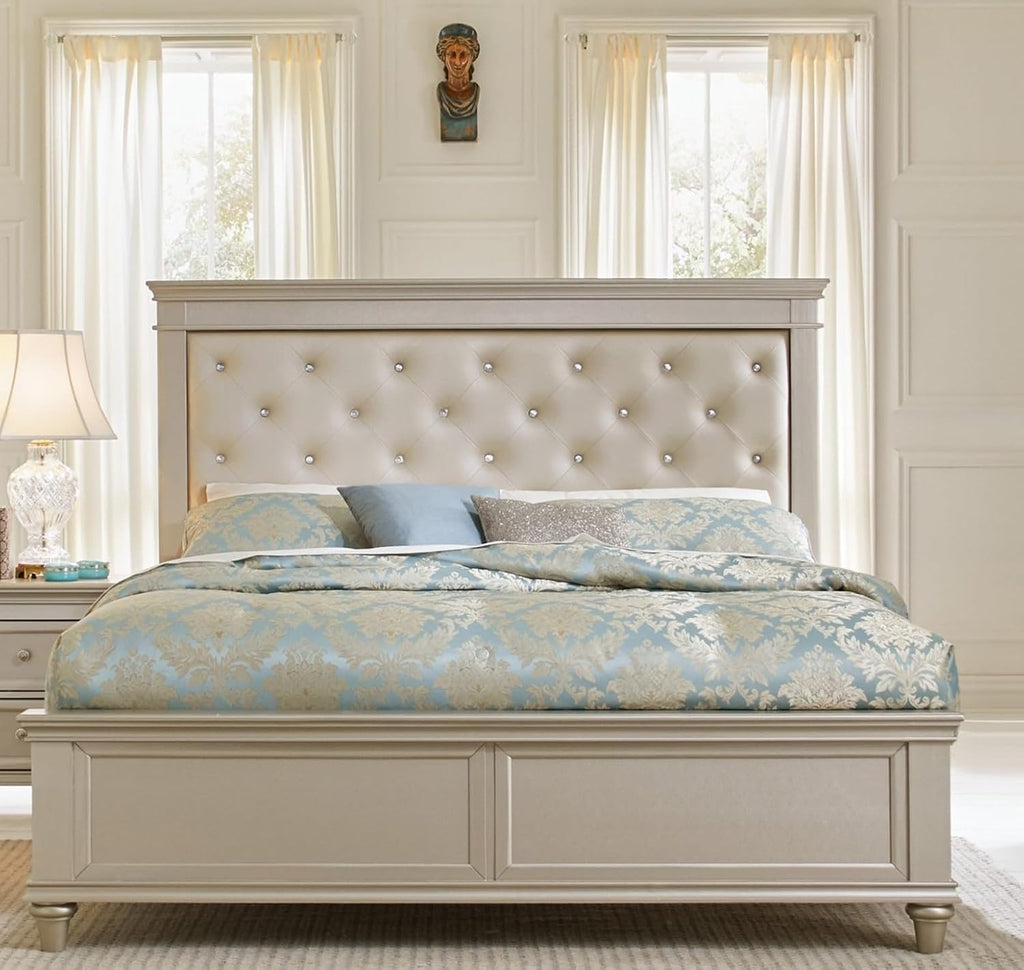 3Pc Beautiful Bedroom Furniture Set Full Size Bed and Two Nightstands Upholstered Headboard Silver Finish Traditional Modern