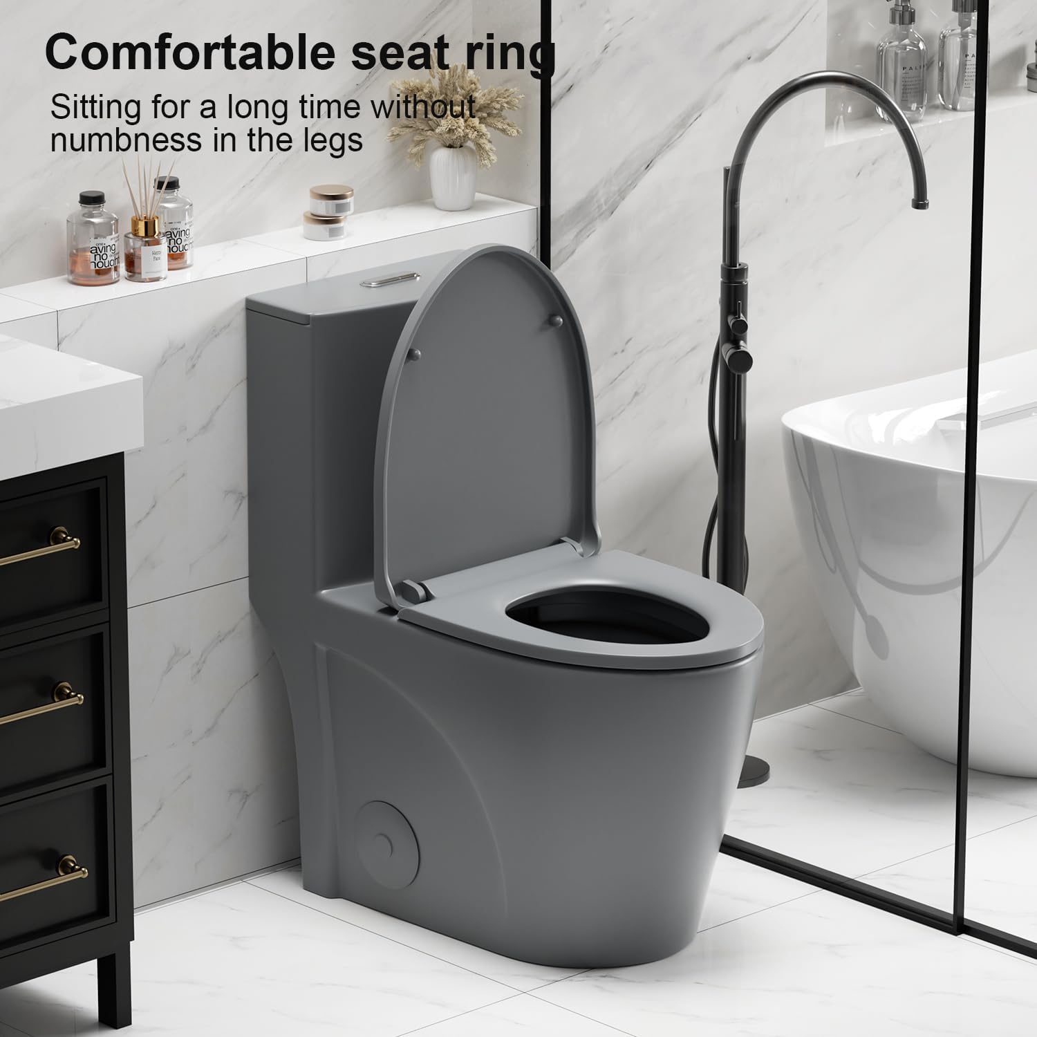 Elongated One Piece Toilet with Comfort Chair Seat ADA Height 17.3' Modern Toilet for Bathroom, Dual Flush 0.8/1.6 GPF and MAP 1000g, 12' Rough-In, Soft Closing Seat, Light gray