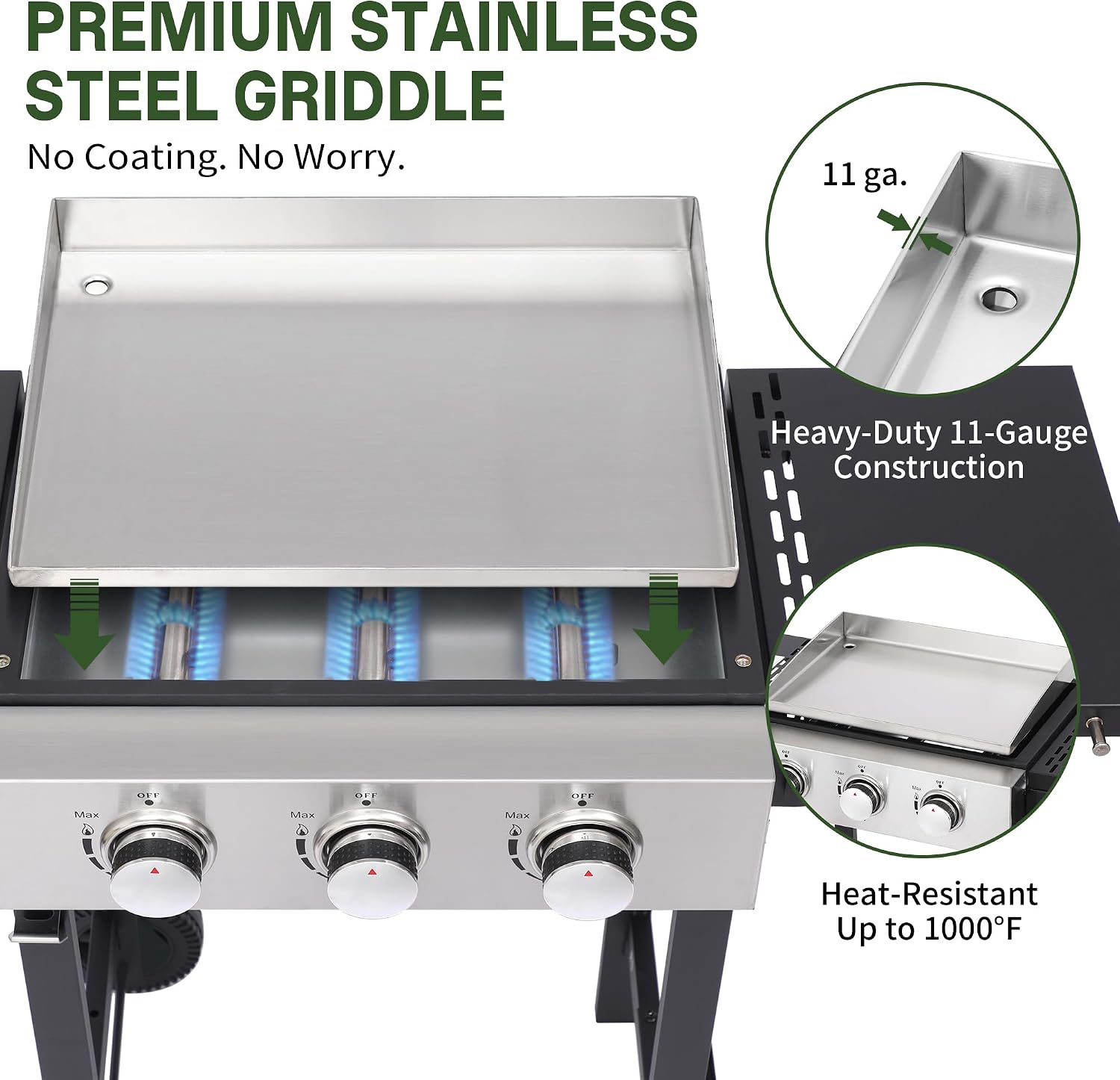 3-Burner Flat Top Grill with Folding Side Tables, Outdoor Griddle Grill with Storage Cover, 30,000 BTU Flat Grill with Stainless Steel Cooking Surface for BBQ, Camping, Tailgating