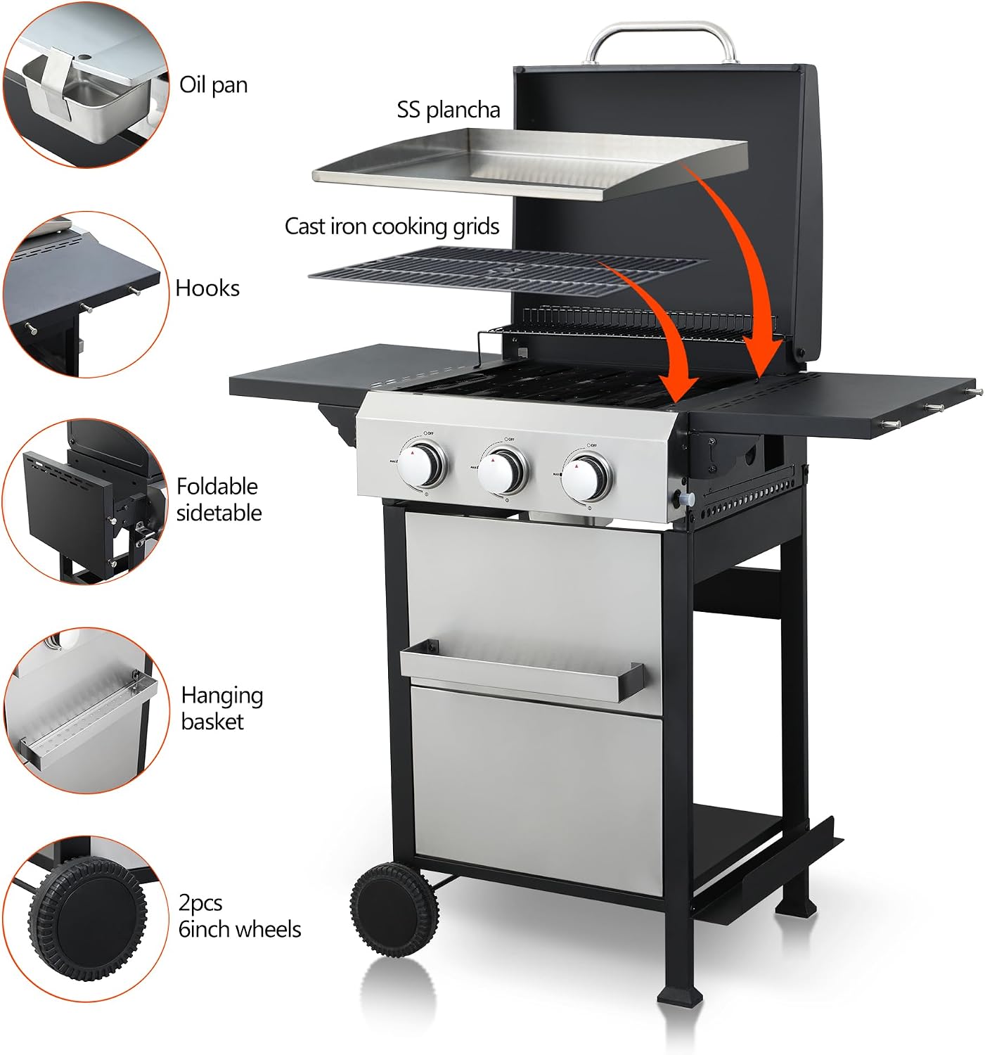 3-Burner Propane Gas BBQ Grill with SS Plancha, 36,900BTU Output with Hanging Basket, Barbecue Grill with Fixed Side Shelf, Foldable Side Tables, Wire Enamel Cooking Grids for Outdoor Backyard Party