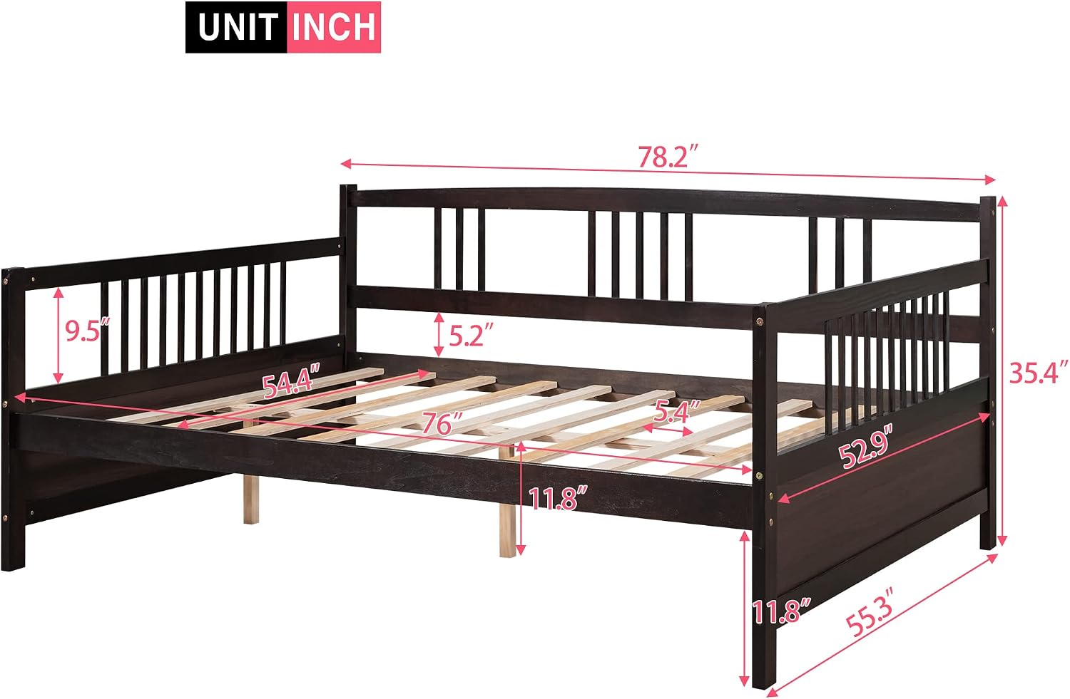Merax Daybed Full, Full Daybed Wooden Slats Support Modern Living Daybed with Rails, No Box Spring Needed (Espresso)