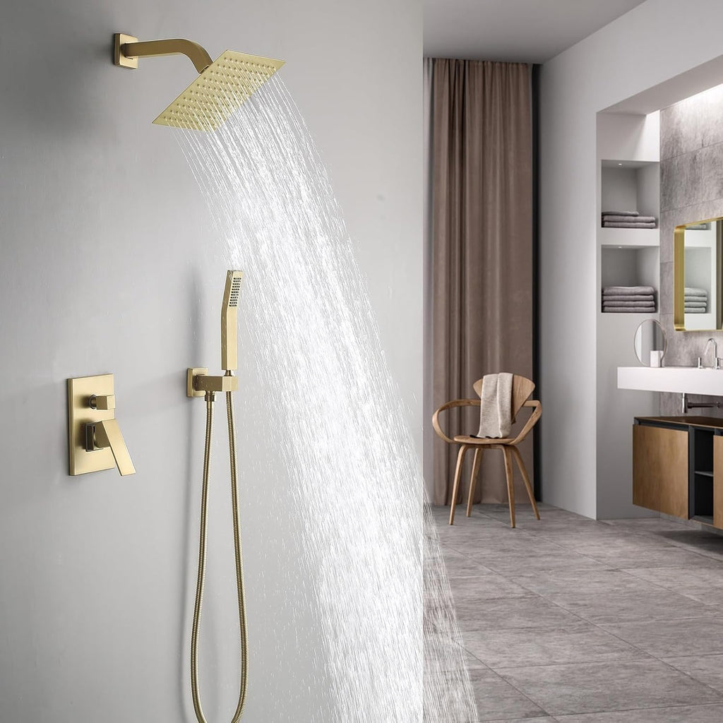 JOYWELL Shower Faucet Brushed Gold Shower System 8 Inches Rain Shower and Handheld Shower Combo,2-Function Pressure Balance Shower Fixtures,Included Shower Trim Kit