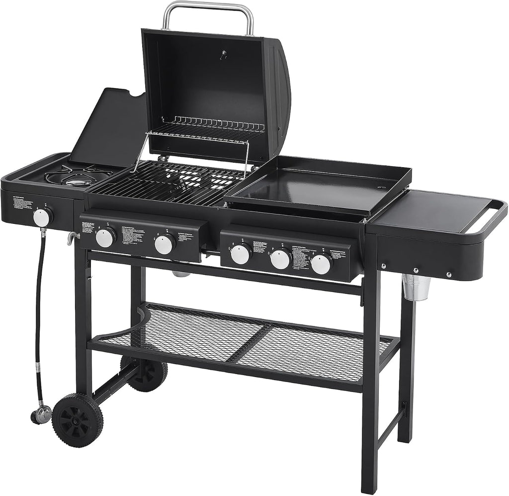 Black 5 Burner Propane Gas BBQ Griddle Grill Combo with Side Burner, 56000 BTU Output Stainless Steel Barbecue Grill with Storage and Side Tables for Outdoor Cooking Patio Backyard (2+3+1)