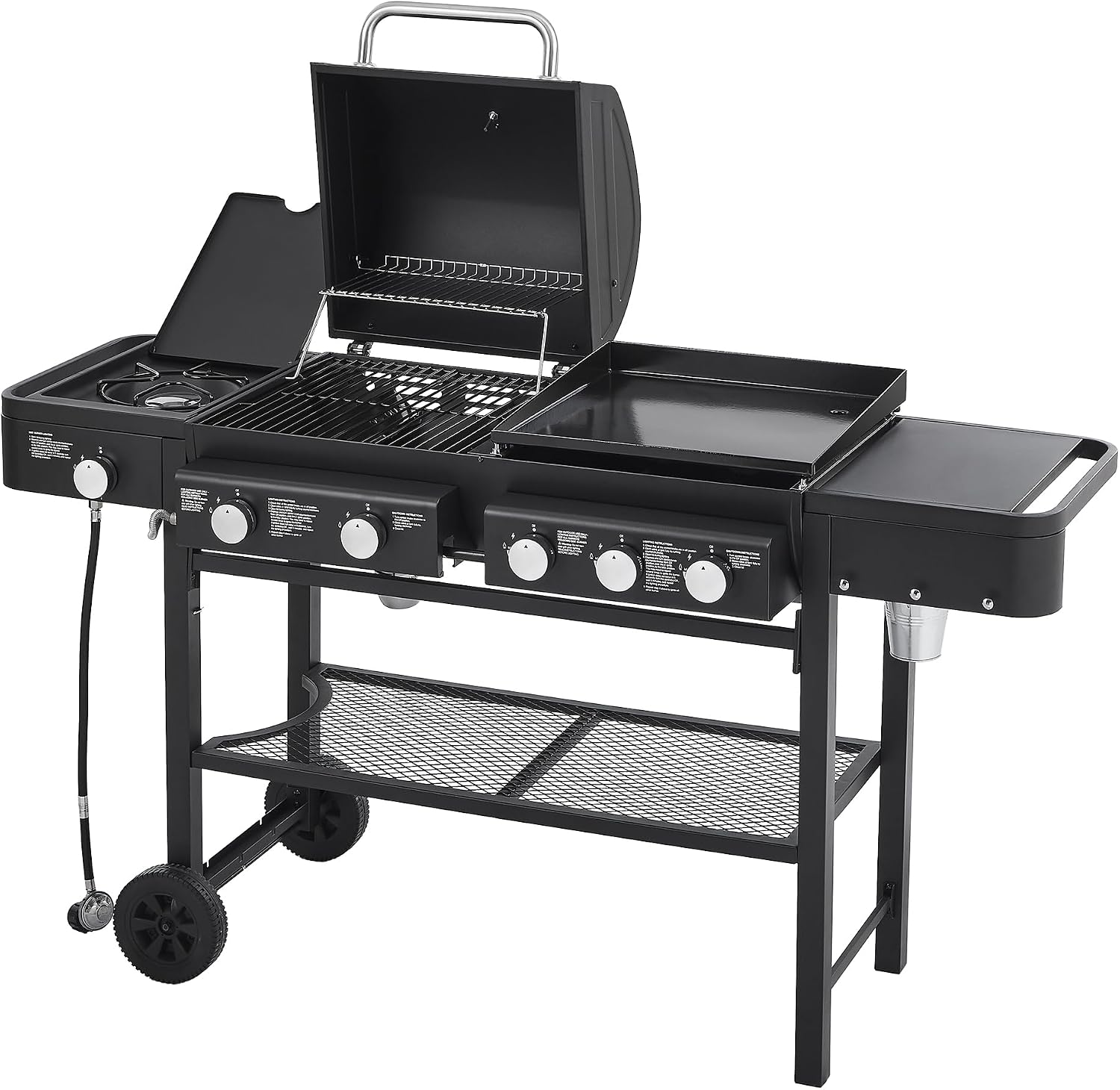 Black 5 Burner Propane Gas BBQ Griddle Grill Combo with Side Burner, 56000 BTU Output Stainless Steel Barbecue Grill with Storage and Side Tables for Outdoor Cooking Patio Backyard (2+3+1)