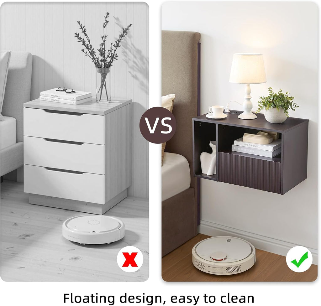 BuildHom Modern Espresso Fluted Floating Nightstand with Charging Station, NightStand with Drawers, Bedside with USB Ports and Outlets, Bedroom Furniture (Set of 2)