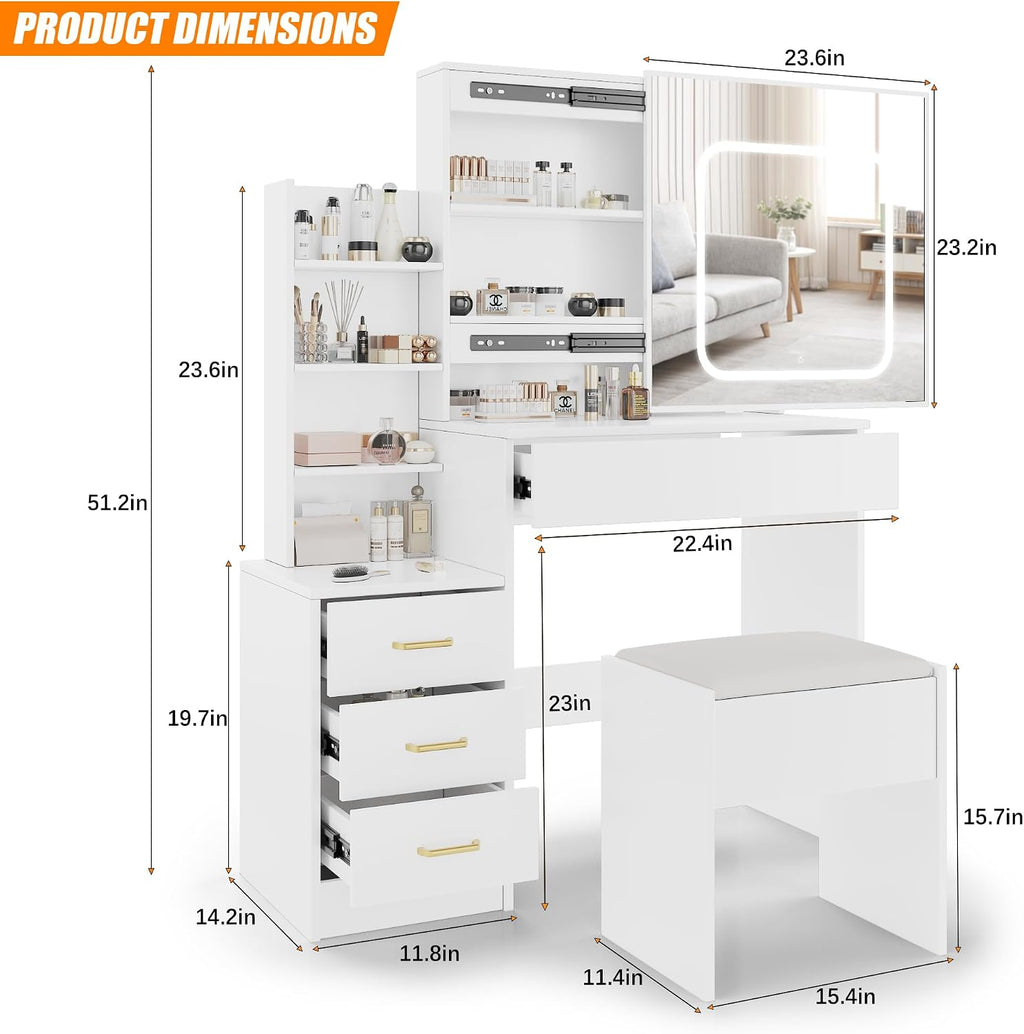 Vanity Desk With Mirror and LED Lights, Makeup Vanity Desk With Sliding Mirror, Power Outlet, 3 Color Adjustable Light, Dressing Table With 4 Drawers, Storage Shelves & Stool for Bedroom, White