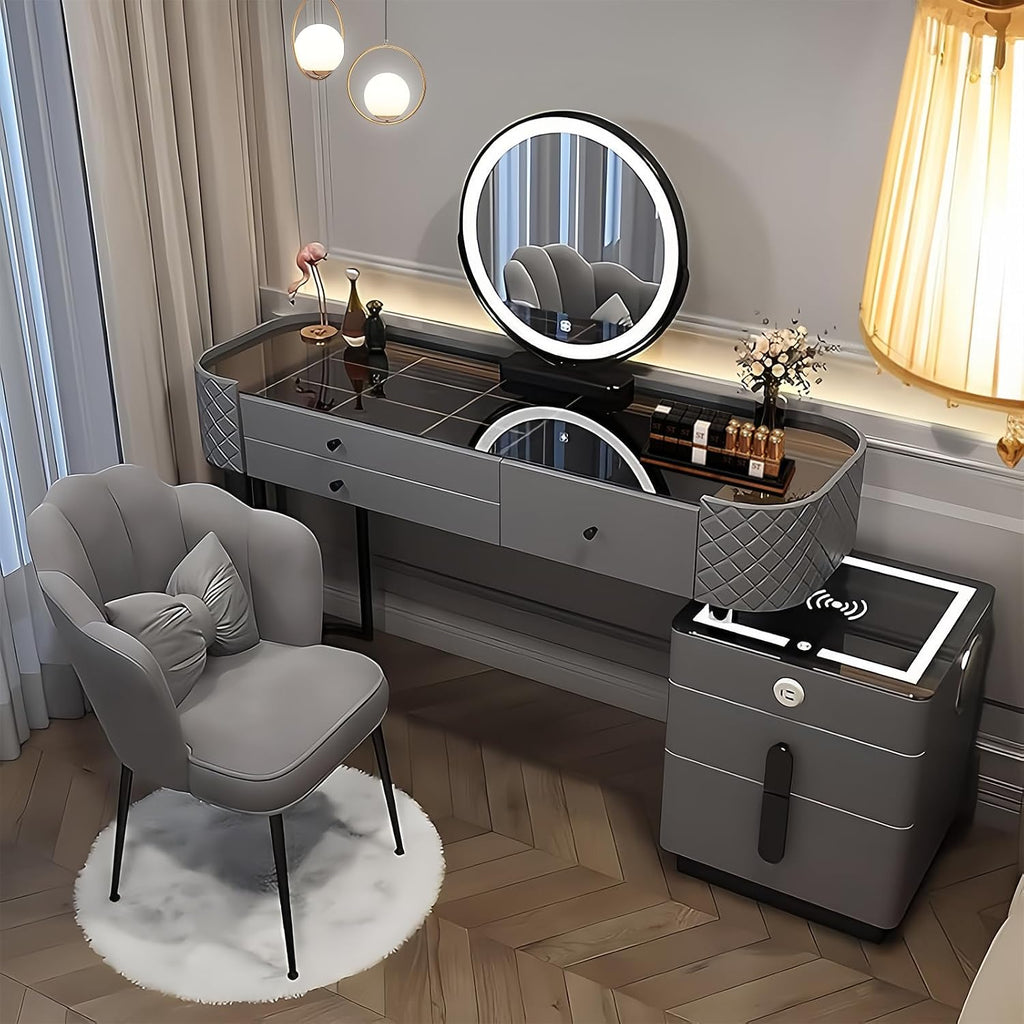 Vanity Desk, Simple Vanities with Chair and Side Cabinet with Drawers, Modern Dressing Table with LED Smart Round Mirror and Tempered Glass Countertop, Solid Wood Bedroom Makeup Vanity (Grey,47')