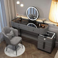 Vanity Desk, Simple Vanities with Chair and Side Cabinet with Drawers, Modern Dressing Table with LED Smart Round Mirror and Tempered Glass Countertop, Solid Wood Bedroom Makeup Vanity (Grey,47')