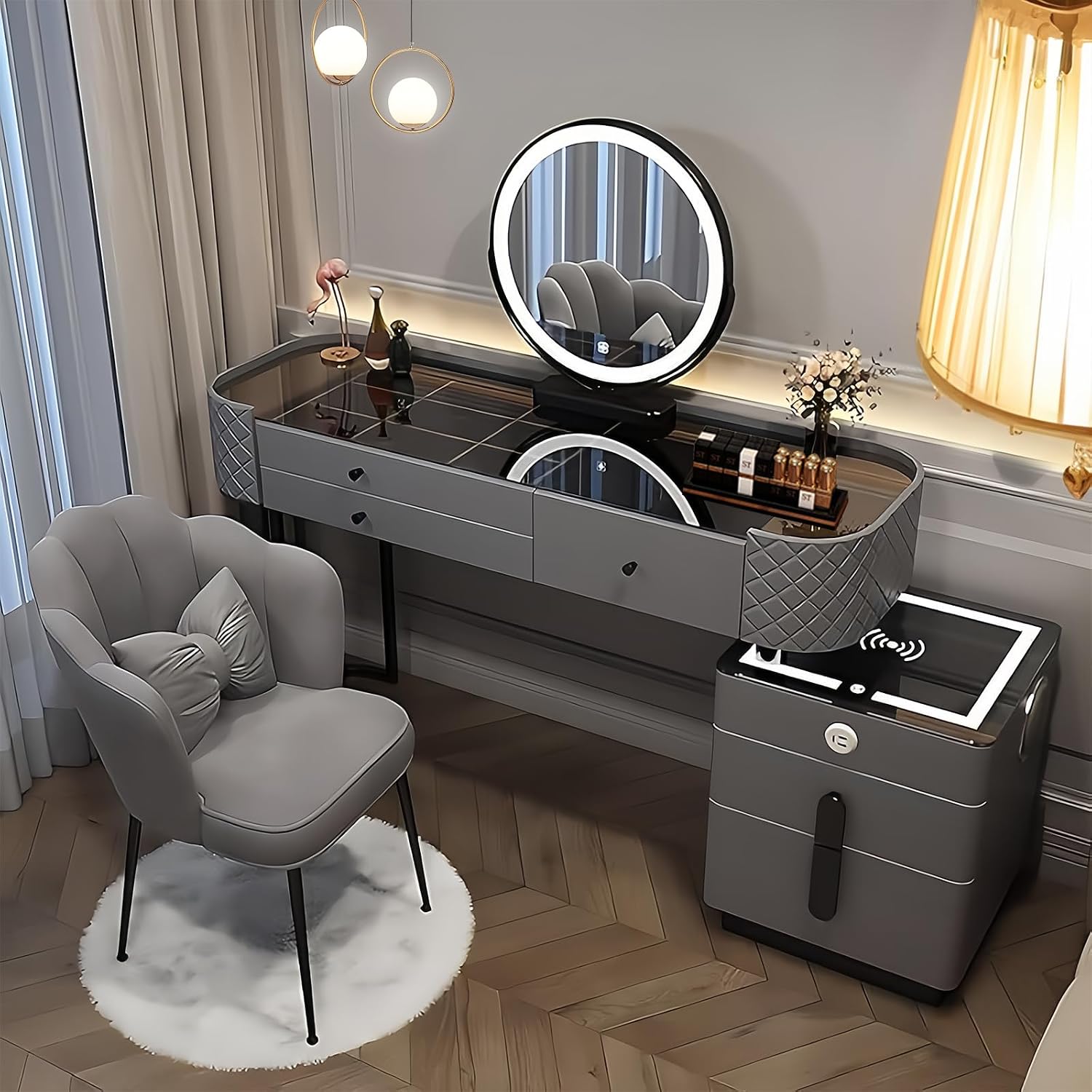 Vanity Desk, Simple Vanities with Chair and Side Cabinet with Drawers, Modern Dressing Table with LED Smart Round Mirror and Tempered Glass Countertop, Solid Wood Bedroom Makeup Vanity (Grey,47')