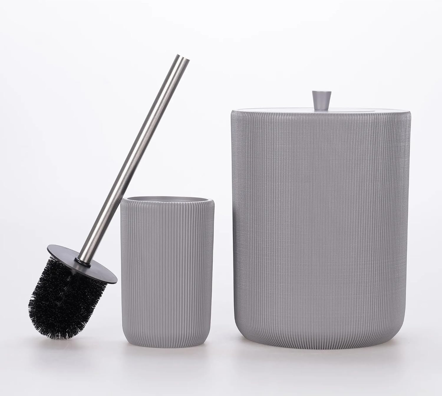 Lydia Collection 5-Piece Resin Bathroom Accessories Set – Toilet Brush Holder, Waste Bin, Soap Dispenser, Tray & Toothbrush Holder (Gray)