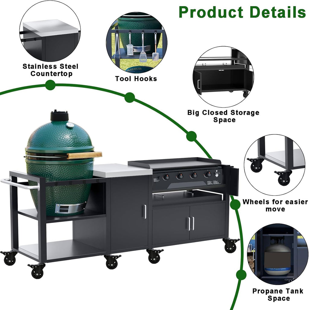 GDLF Outdoor Grill Cart for Big Green Egg& Blackstone Griddle, Metal Grill Table Compatible with Large Big Green Egg and 28'/36' Blackstone Griddle, Waterproof Cover Included