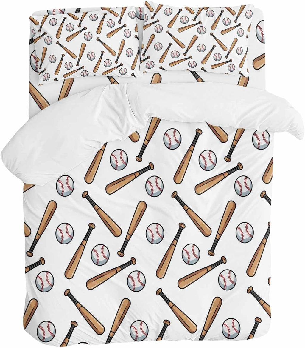 Baseball Duvet Cover Set Queen Size 4 Pieces Retro Sports Style Baseball Bats Minimalist Modern Bedding Set with Zipper Closure, 1 Comforter Cover 86x86 Inches 1 Flat Sheet & 2 Pillow Cases