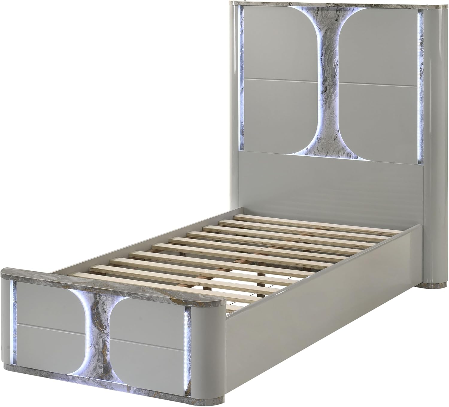 Furniture of America Bruna Modern Wood 4-Piece Bedroom Set with Touch-Control LED Bed, Felt-Lined Top Drawer and LED on Nightstand and Dresser with Mirror, No Box Spring Needed, Twin, Light Gray