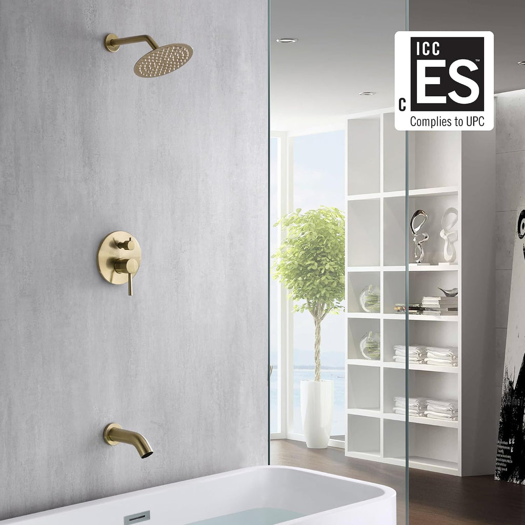 sumerain Shower and Tub Faucet Set Brushed Gold Rain Shower Faucet with Tub Spout, 8' Shower Head, High Flow
