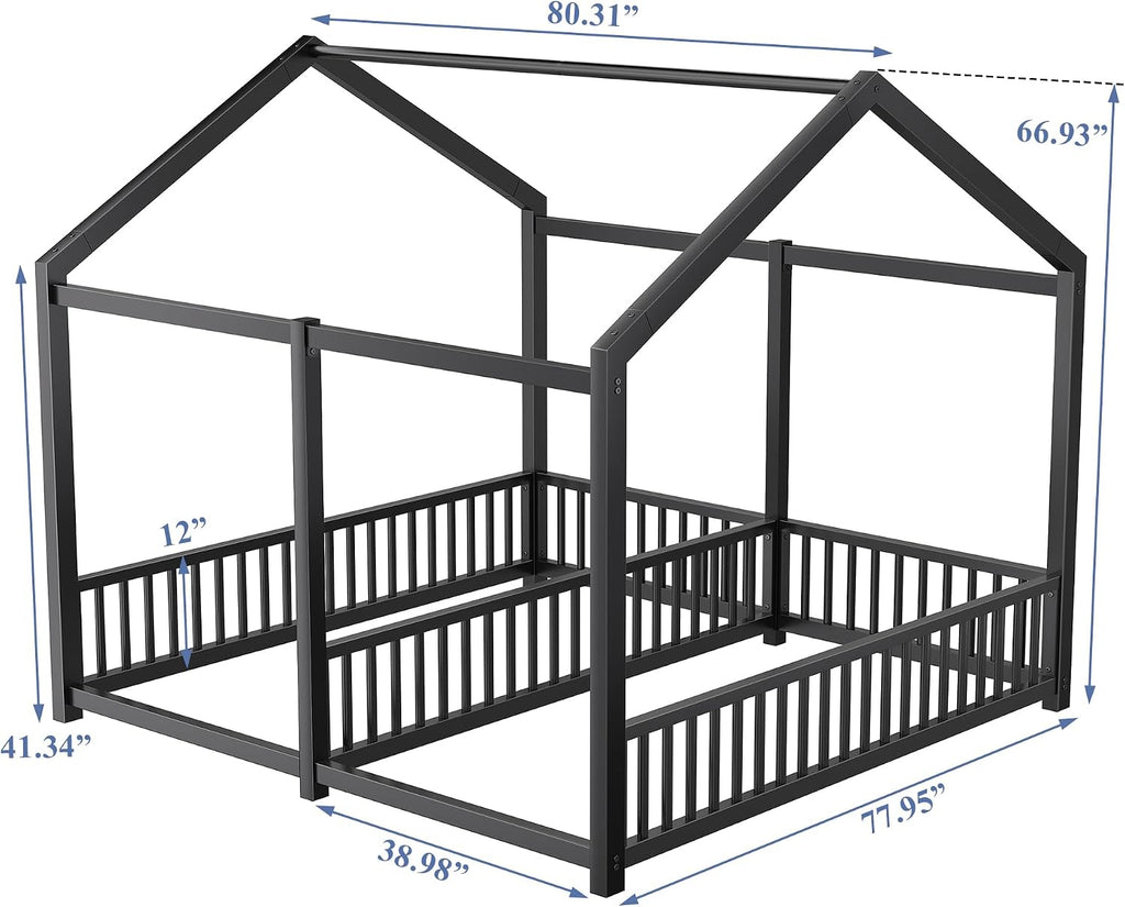 PVWIIK Double Montessori Floor Bed with Fence & Roof,Easy Assemble Bed Frame for Two Kids Teens Boys Girls,Twin Floor Bed, Black