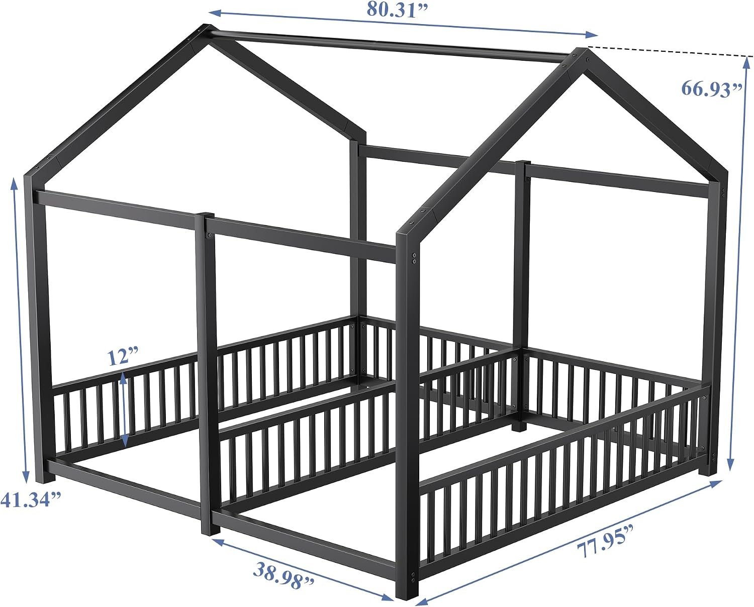 PVWIIK Double Montessori Floor Bed with Fence & Roof,Easy Assemble Bed Frame for Two Kids Teens Boys Girls,Twin Floor Bed, Black