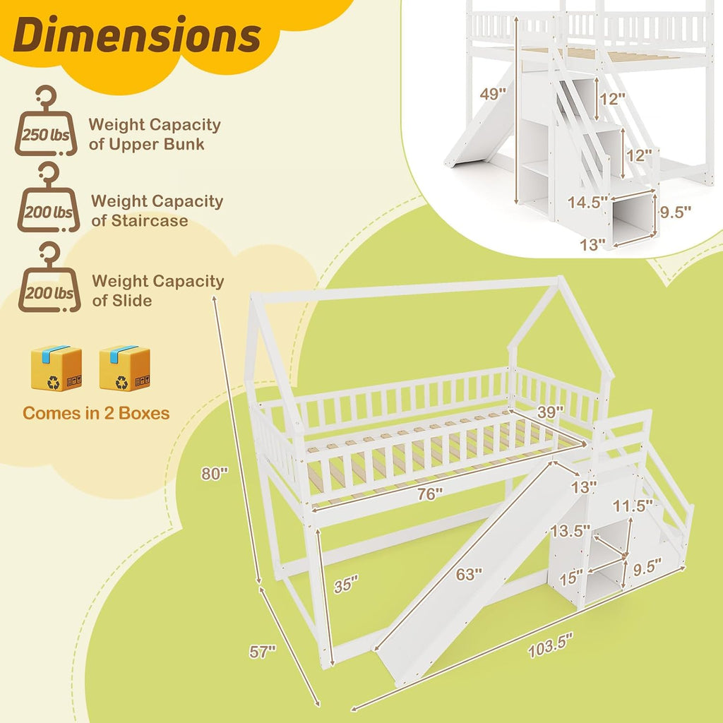 KOMFOTT Wood Twin Over Twin Bunk Bed with Slide & Staircase, Twin House Bunk Bed with Safety Guardrails & Storage, Floor House Bed with Wooden Slat Support for Boys Girls, No Box Spring Needed (White)