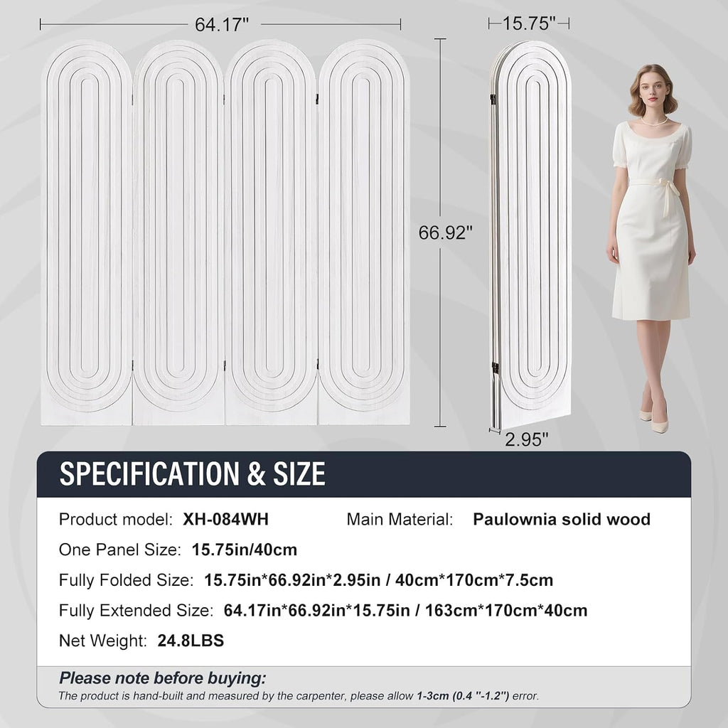4 Panel Room Divider and Folding Privacy Screen, Foldable Wood Arched Room Divider Wall, Portable Partition Screen, Room Partition Divider for Room Separation for Home Office Bedroom, White