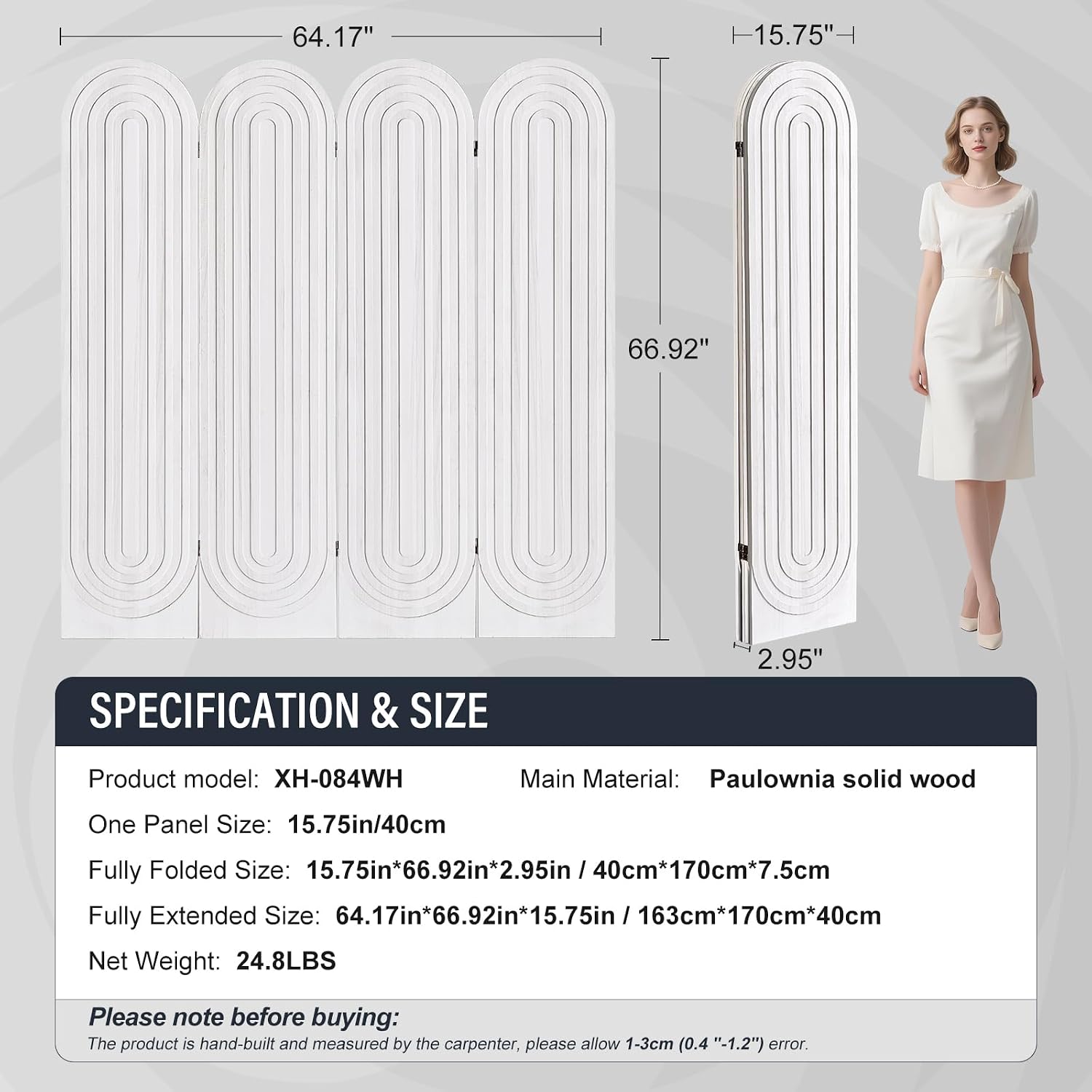 4 Panel Room Divider and Folding Privacy Screen, Foldable Wood Arched Room Divider Wall, Portable Partition Screen, Room Partition Divider for Room Separation for Home Office Bedroom, White
