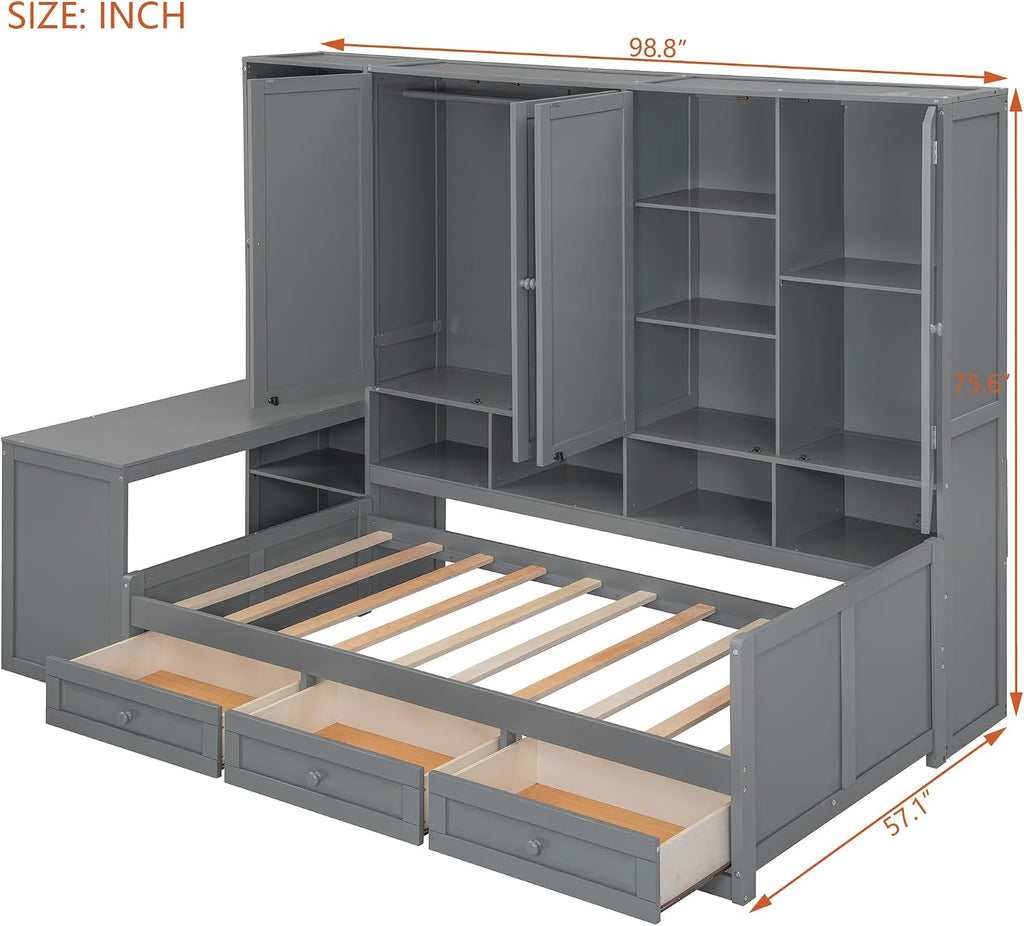 KLMM Twin Size Wooden Daybed with Three Drawers and All-in-One Cabinet,Desk and Shelves,for Living Room Bedroom Use (Gray#Desk, Twin)