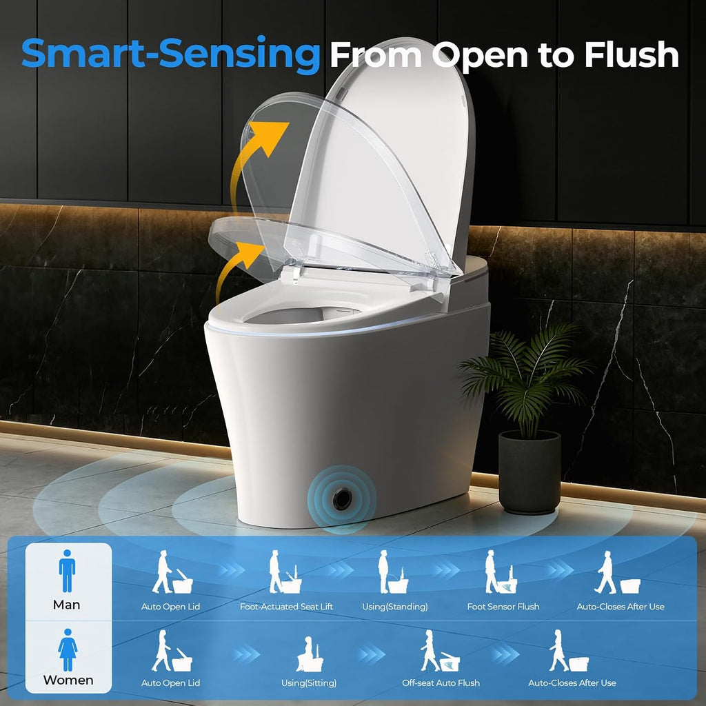 Smart Toilet With Built-in Tank Bidet, Heated Seat & Foot Sensor, Tankless Modern Elongated Electric Toilet with Warm Water Wash, Air Dryer, LED Display & 1.28 GPF